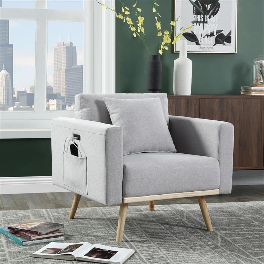 Lilola Home Easton Light Gray Linen Fabric Chair with USB Charging Ports, Side Pockets & Removable Pillows - Modern Living Room, Office, Dorm Room Seating Solution