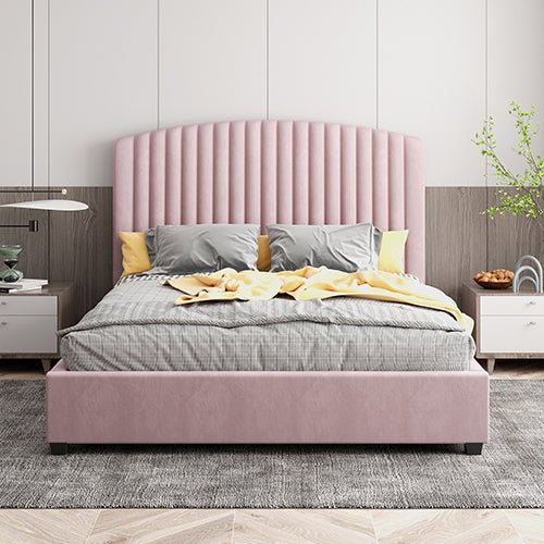 Luxury Pink Velvet King Single Bed Frame - Soft Upholstered Platform Bed with Wooden Slats for Bedroom, Guest Room, or Dorm