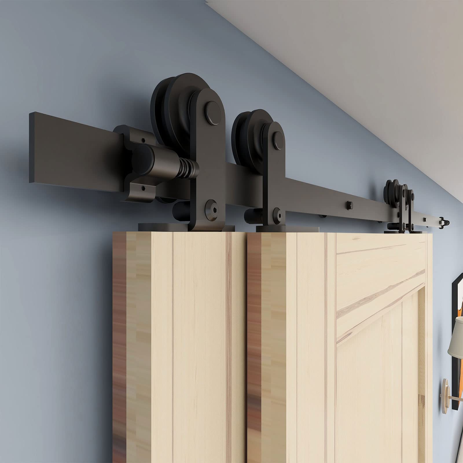 16FT Heavy Duty Bypass Sliding Barn Door Hardware Kit - Single Track System for Double Doors (1 3/16