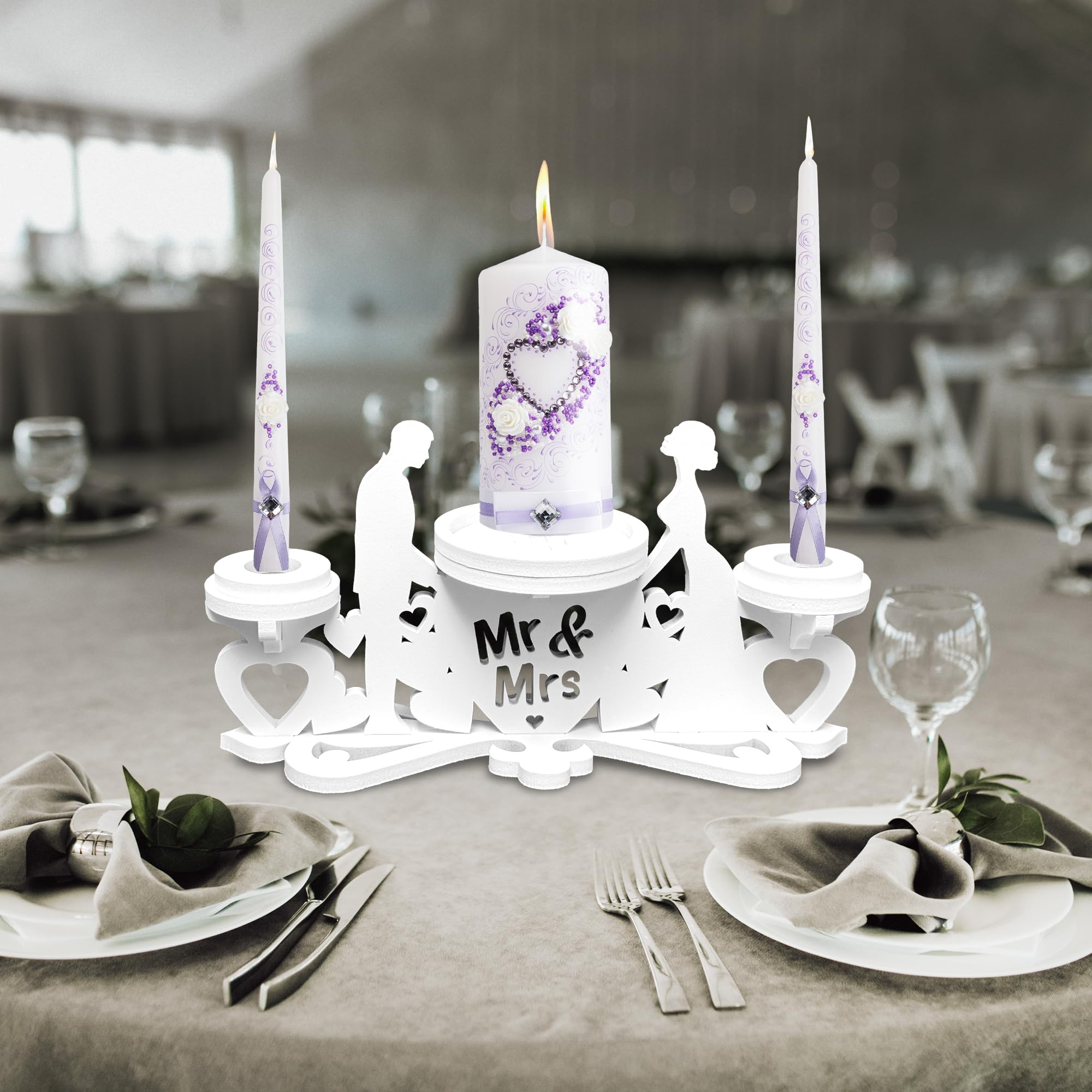 Unity Candle Holder Set of 3 - Elegant Wedding Ceremony Candle Stand for Table Centerpiece Decor - White Pillar & Taper Candlestick Holder - Perfect for Wedding Unity Ceremony, Vow Renewal, and Romantic Dinner Decorations