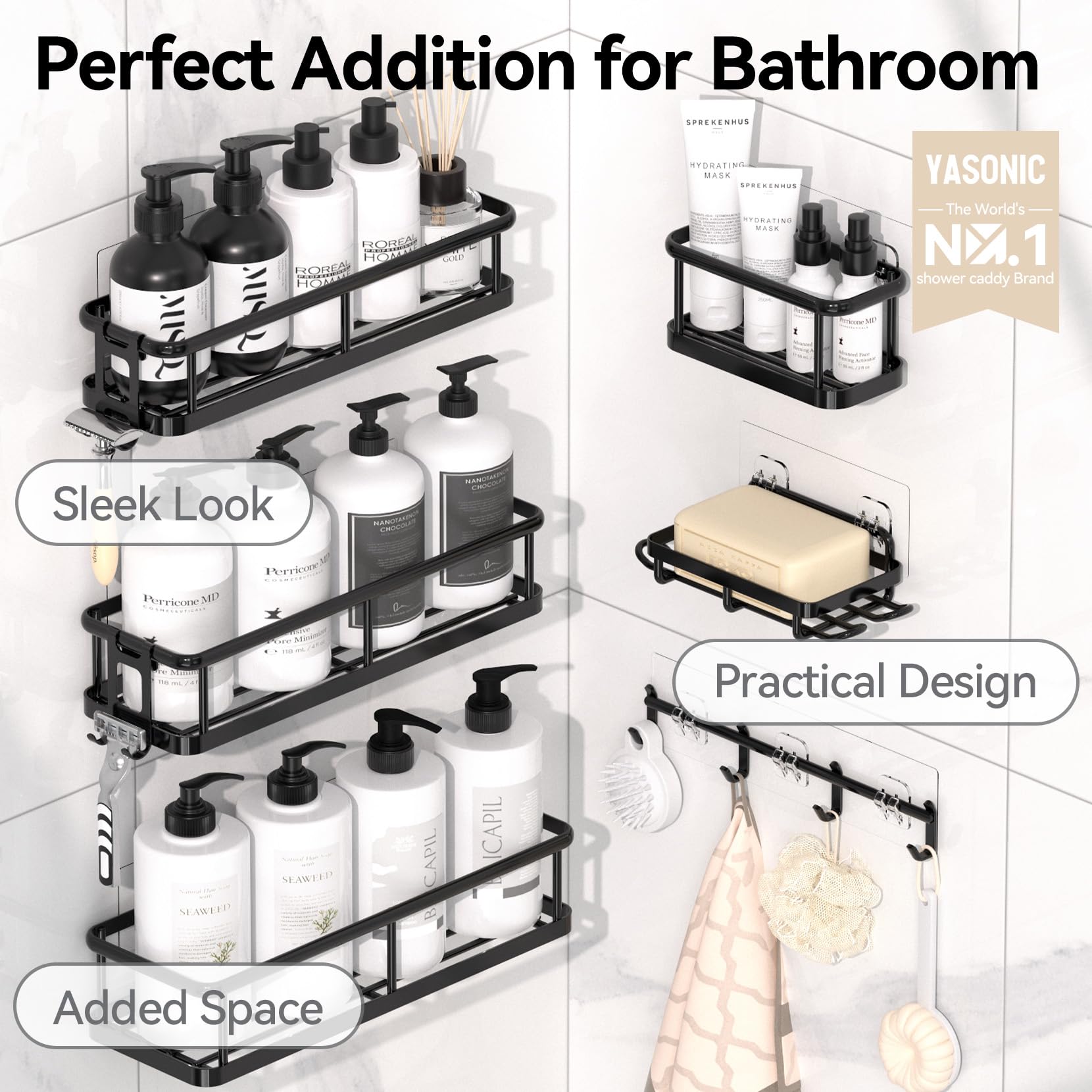 YASONIC 6-Pack Large Capacity Shower Caddy Organizer with Soap Holder & 12 Hooks - Rustproof No-Drill Bathroom Shelves for Shower Storage - Perfect for Small Bathrooms, Dorm Rooms & Apartment Showers