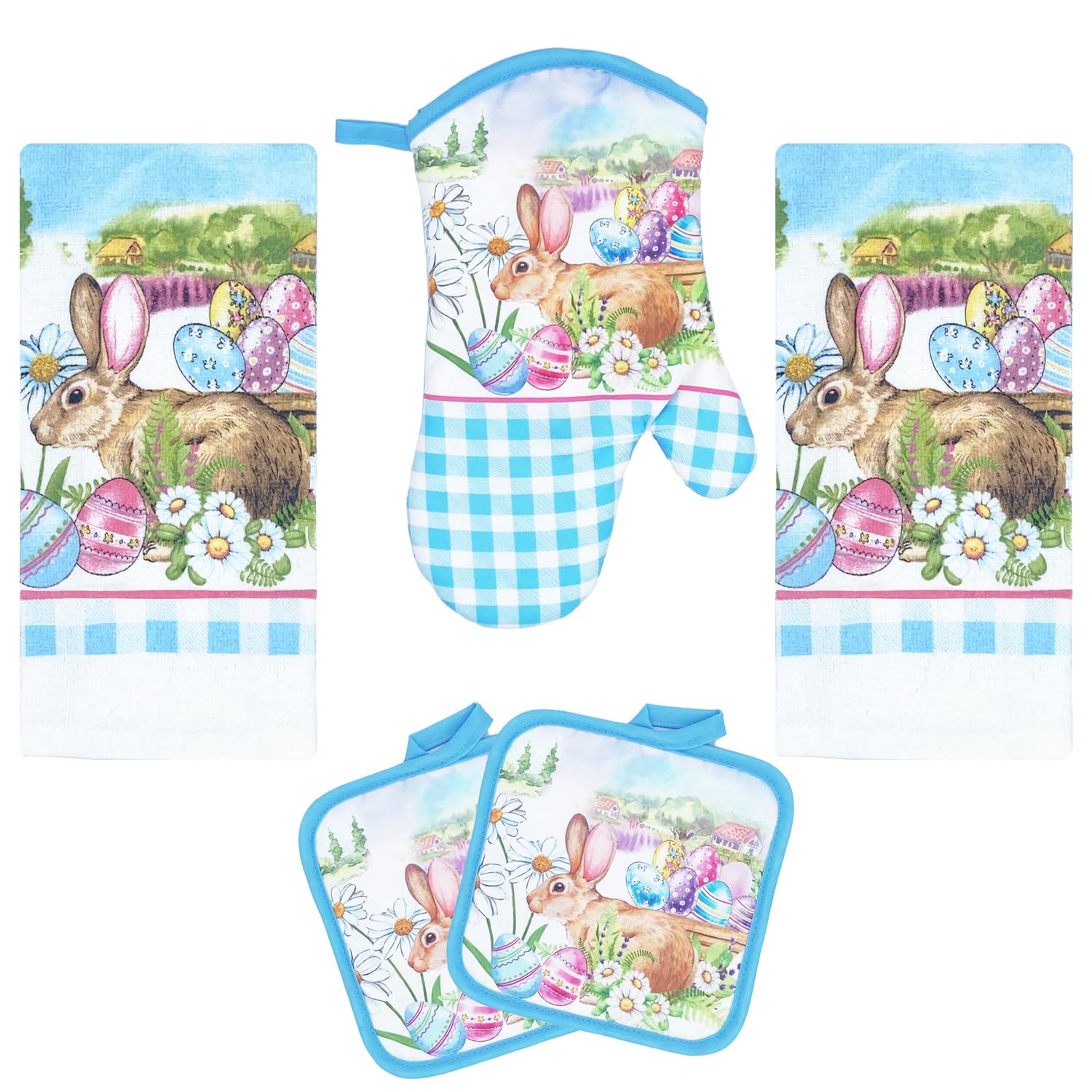 Lobyn 12-Piece Kitchen Value Set - Heat Resistant Oven Mitts, Pot Holders, Dish Towels & Tea Towels for Cooking, Baking & Cleaning - Easter Themed Kitchen Accessories for Home & Restaurant Use
