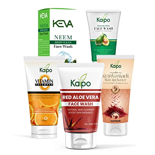 Kaipo Avocado Face Wash with Neem, Vitamin C, Kumkumadi & Red Aloe Vera - Deep Cleansing & Brightening (Pack of 5) - Perfect for Daily Skincare & Acne-Prone Skin