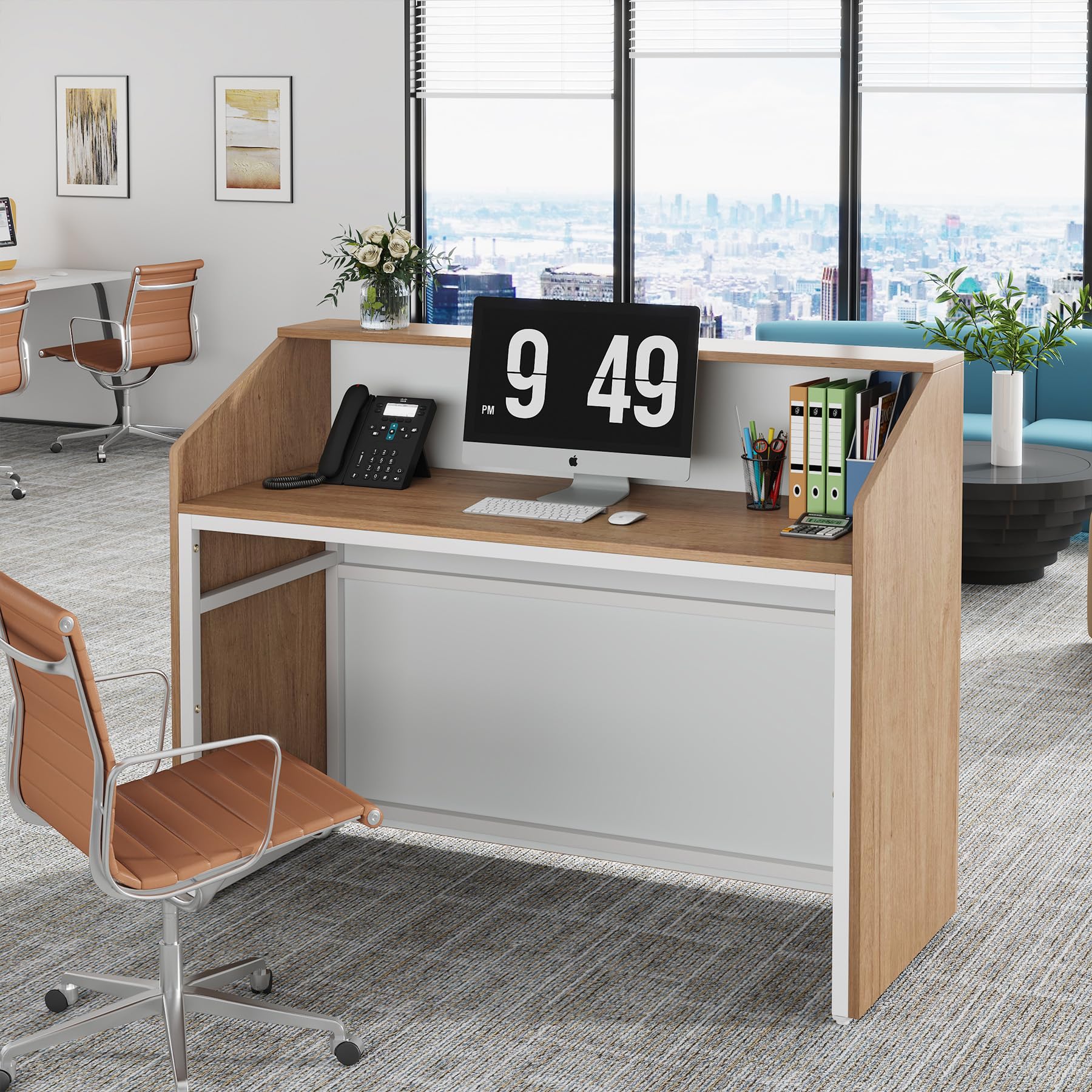 47-Inch Oak Reception Desk with Counter - Modern Lobby Welcome Table for Office, Beauty Salon & Retail Checkout - Durable Reception Room Furniture for Professional Spaces