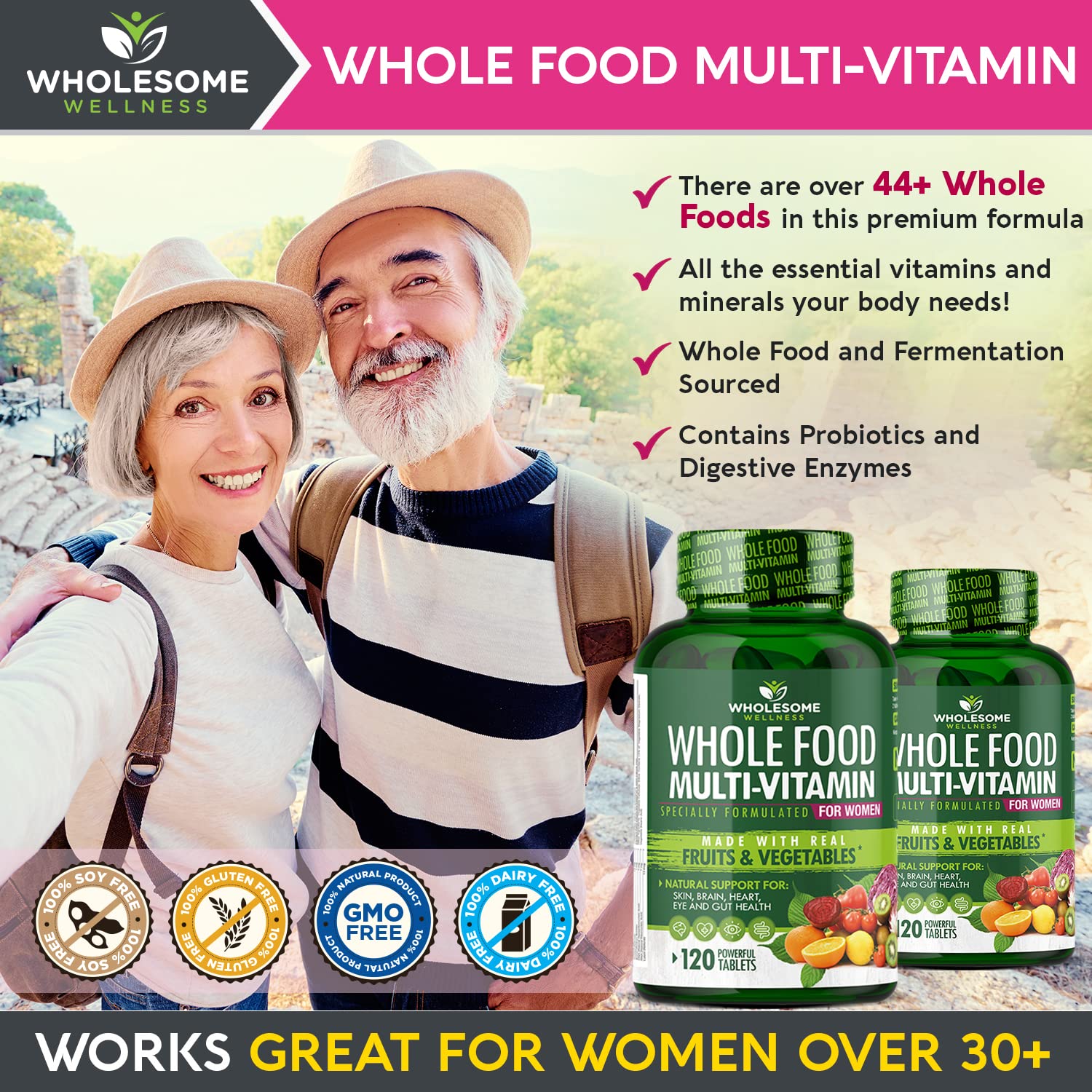 Wholesome Wellness Whole Food Multivitamin for Women - Natural Multi Vitamins with Minerals & Organic Extracts - 120 Tablets - Daily Immune Support & Energy Boost for Active Lifestyles