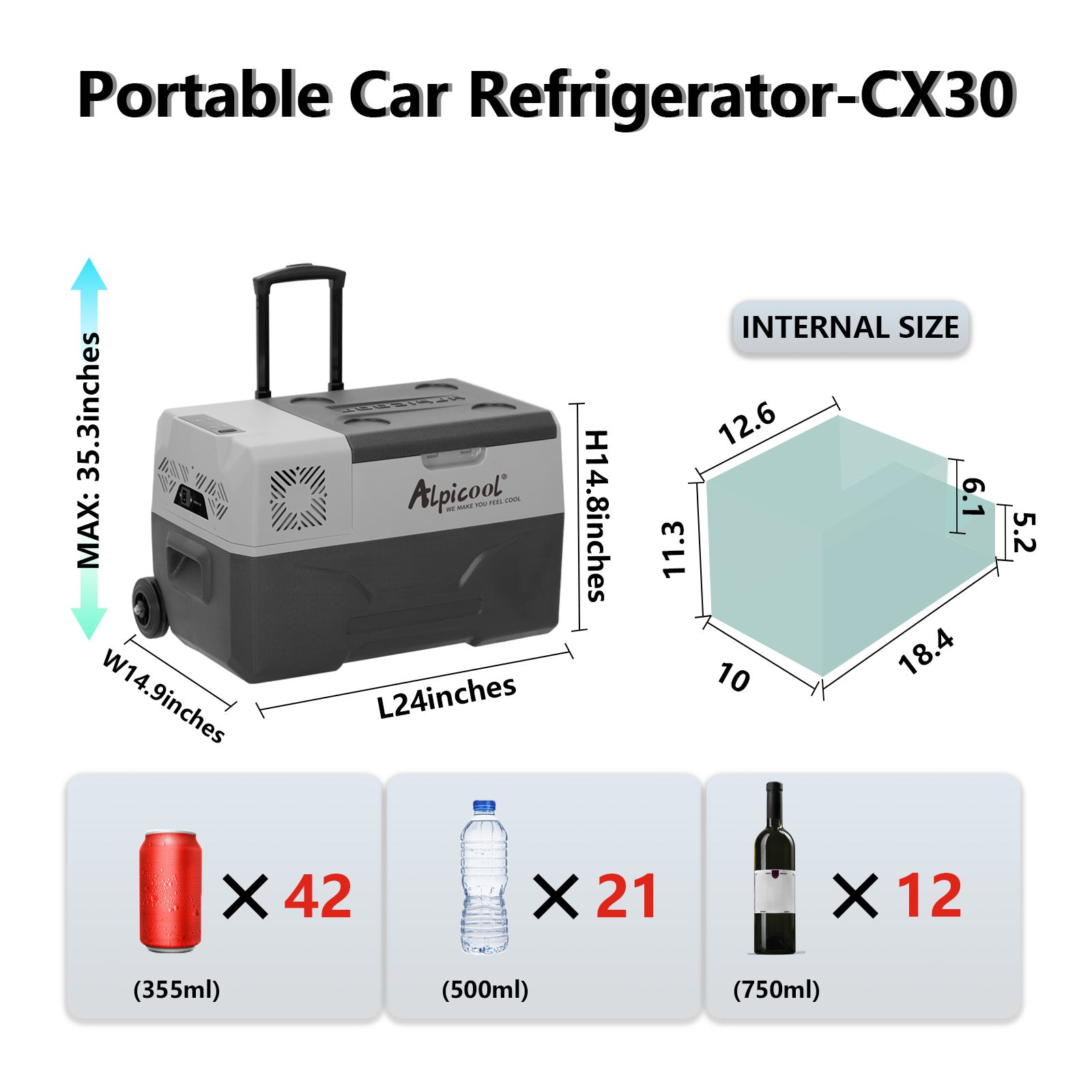 Alpicool CX30 12V Portable Car Refrigerator Freezer - 30 Quart Compact Fridge for Road Trips, Camping & Outdoor Adventures