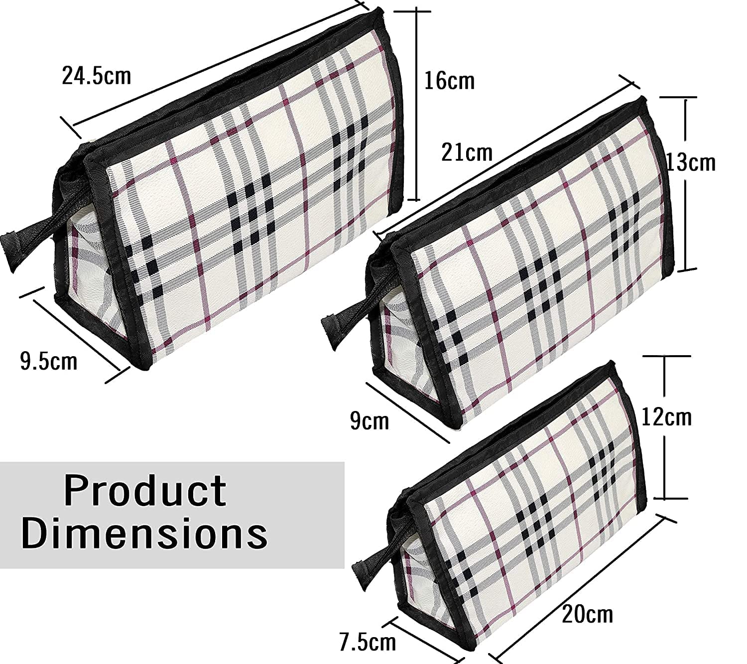 Flywind 3-Piece Cosmetic Bag Set - Waterproof Toiletry Organizer & Makeup Pouch for Women & Men | Travel Essentials for Bathroom, Gym, Camping (Black Checkered Pattern)