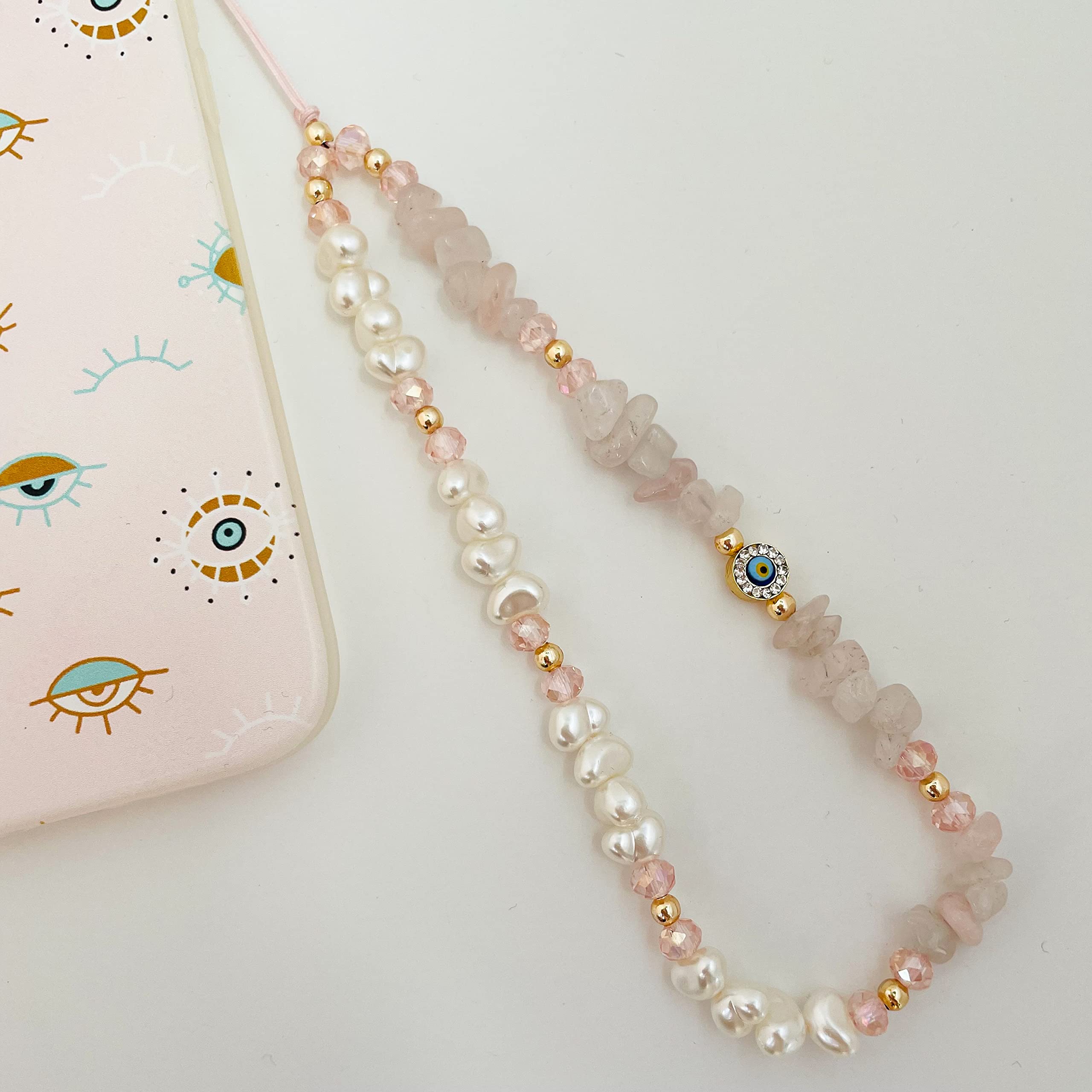 Evil Eye Beaded Phone Charm with Rose Quartz Gemstone - Y2K Pearl Beaded Phone Strap, Handmade Phone Jewelry for Women & Girls - Perfect for Phone Protection, Stylish Accessory & Gift Idea