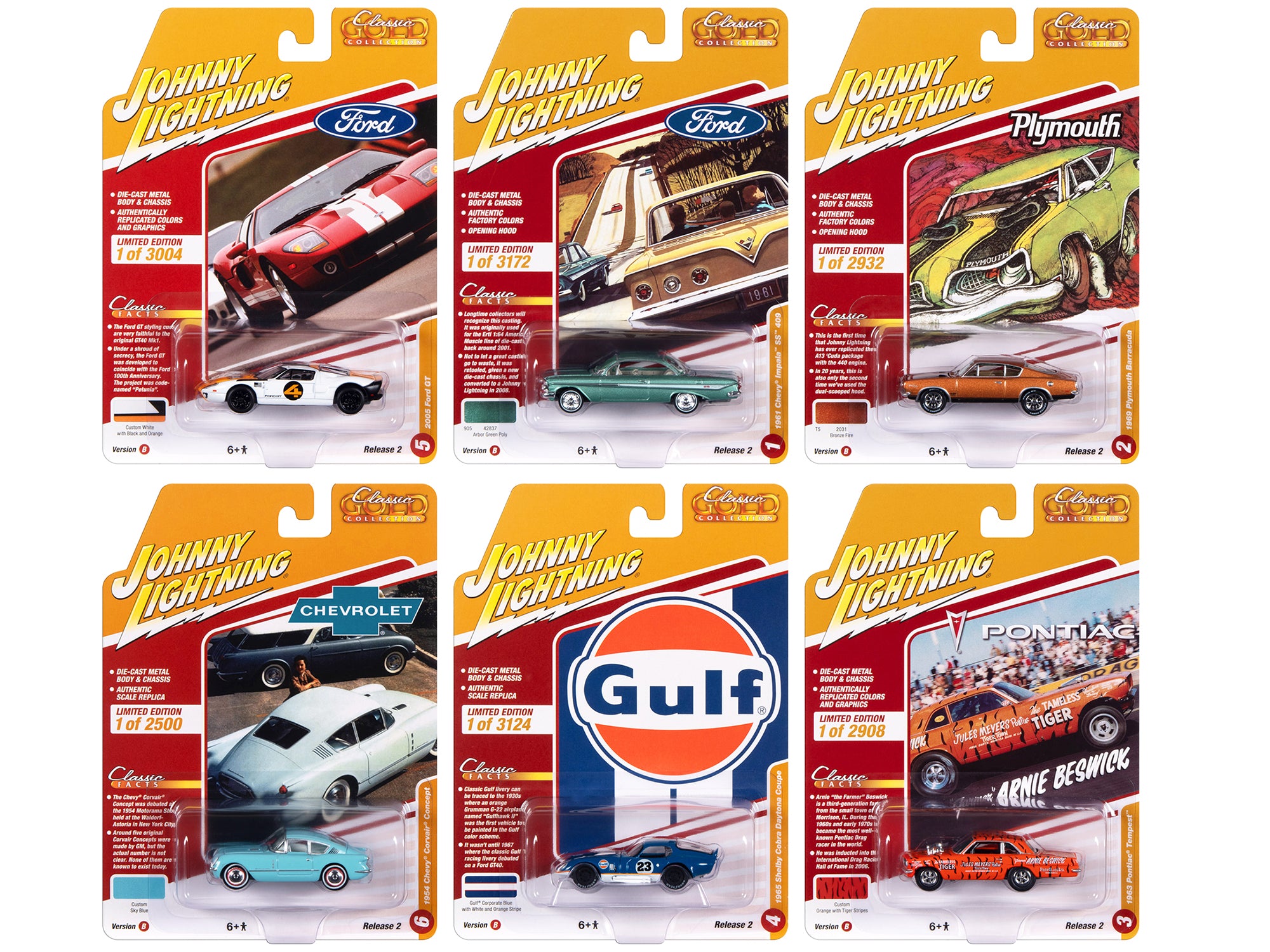 Johnny Lightning 2023 Classic Gold Collection Set B - 6-Piece 1/64 Scale Diecast Model Cars | Vintage Car Collectibles for Display & Gifting