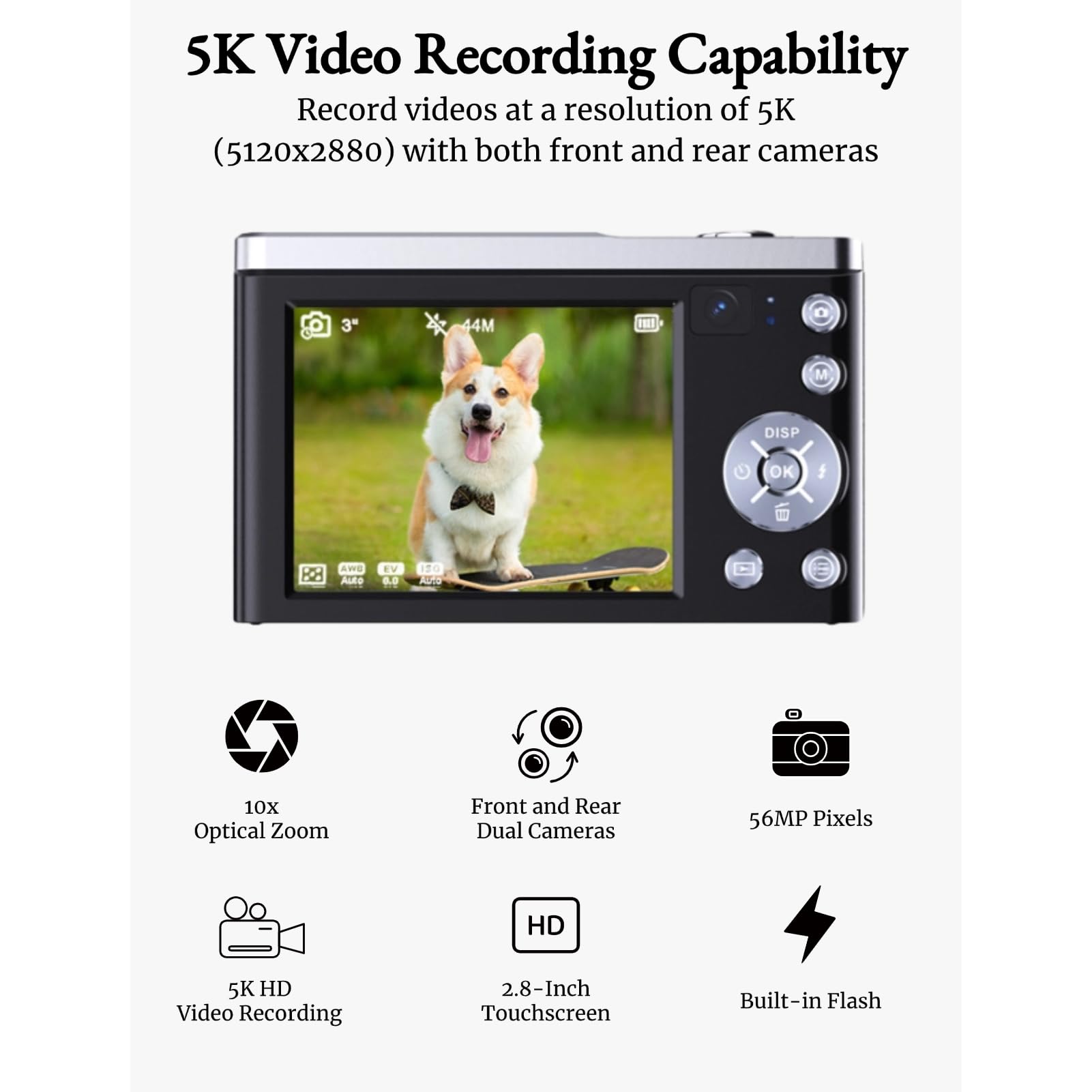 5K Digital Camera with 10x Optical Zoom & Anti-Shake | Touch Screen Autofocus Compact Camera | Portable Selfie Camera for Beginners | Perfect for Travel, Vlogging & Everyday Photography