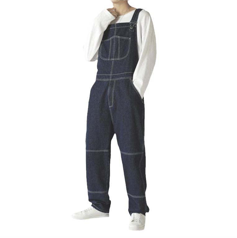 Men's Dark Blue Cargo Denim Bib Overalls - Loose Straight Fit Work Coveralls with Pockets | Durable & Comfortable for Casual Wear, Farming, Construction & Outdoor Activities