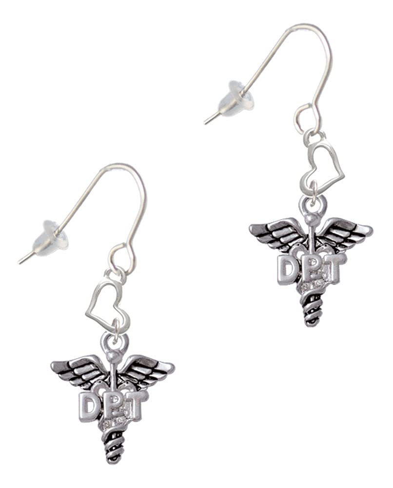 Silver Caduceus Heart Earrings for Therapists - French Hook Style