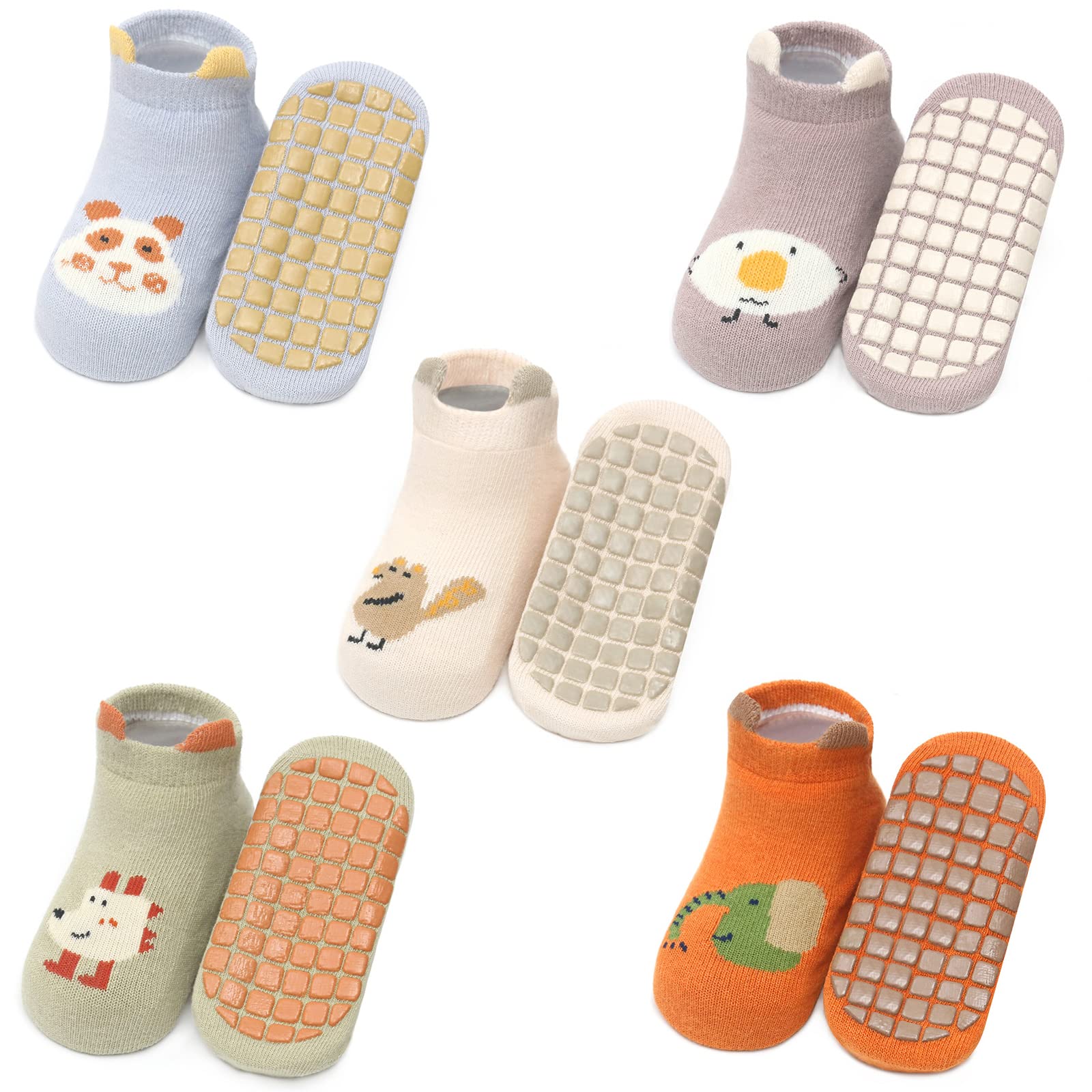 Exemaba Baby Non-Slip Grips Ankle Socks - 5 Pairs Toddler Cartoon Anti-Skid Socks for Boys & Girls - Perfect for Playtime, Daycare, and First Steps