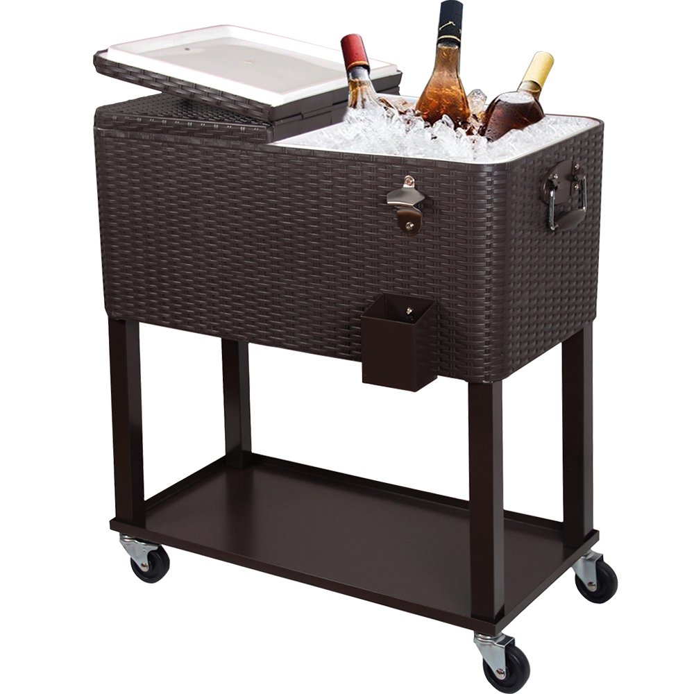 PAZINGA 80QT Outdoor Cooler Cart with Shelf, Bottle Cap Catch Bin & Opener - Brown - Perfect for Backyard BBQs, Tailgating, Camping & Beach Parties