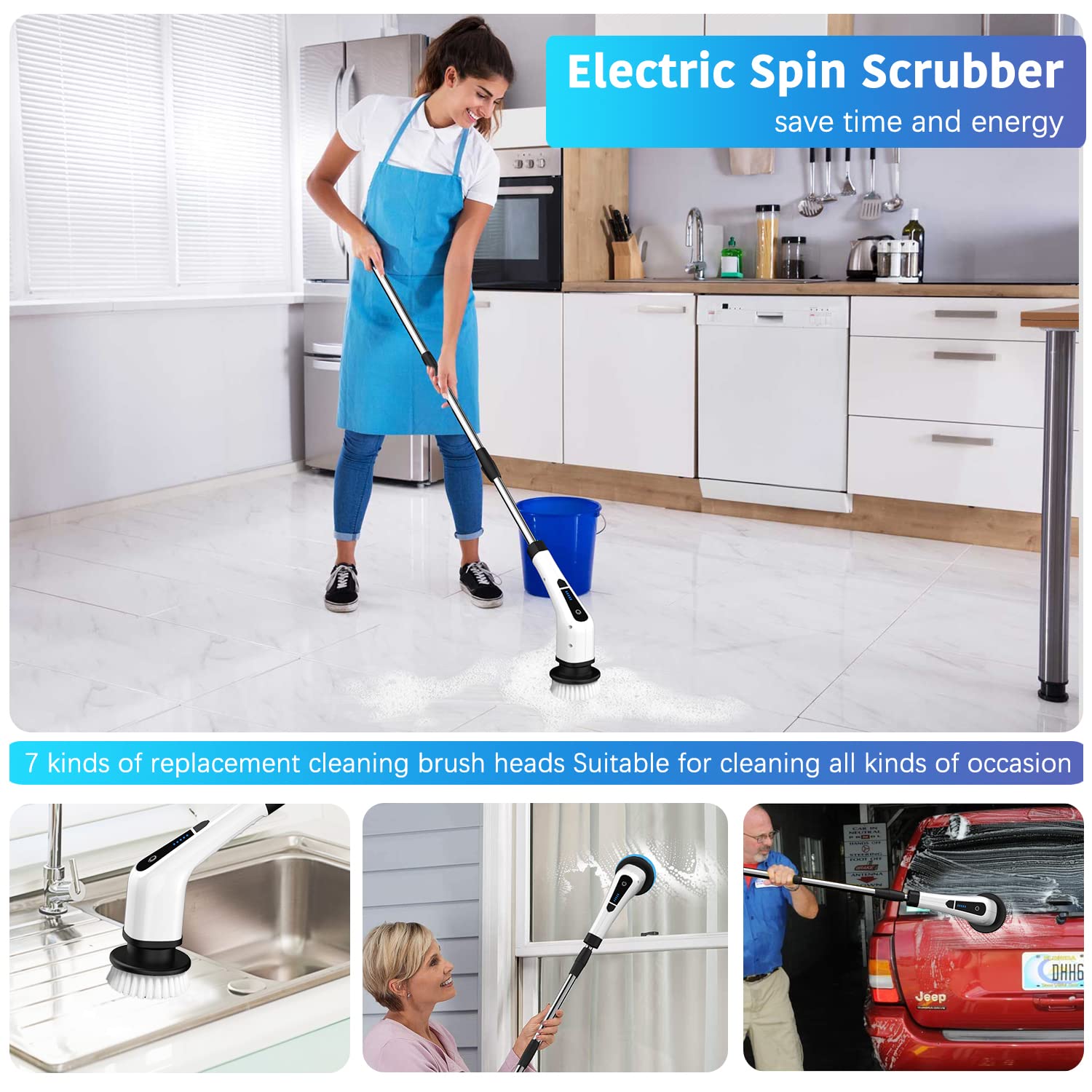 Electric Spin Scrubber - Upgraded Bathroom Cleaning Brush with 7 Replaceable Heads & Extendable Handle | Powerful Deep Cleaning for Tiles, Grout, Showers, Sinks, Floors & Car Interiors | Ideal for Home Kitchen Bathroom & Auto Detailing