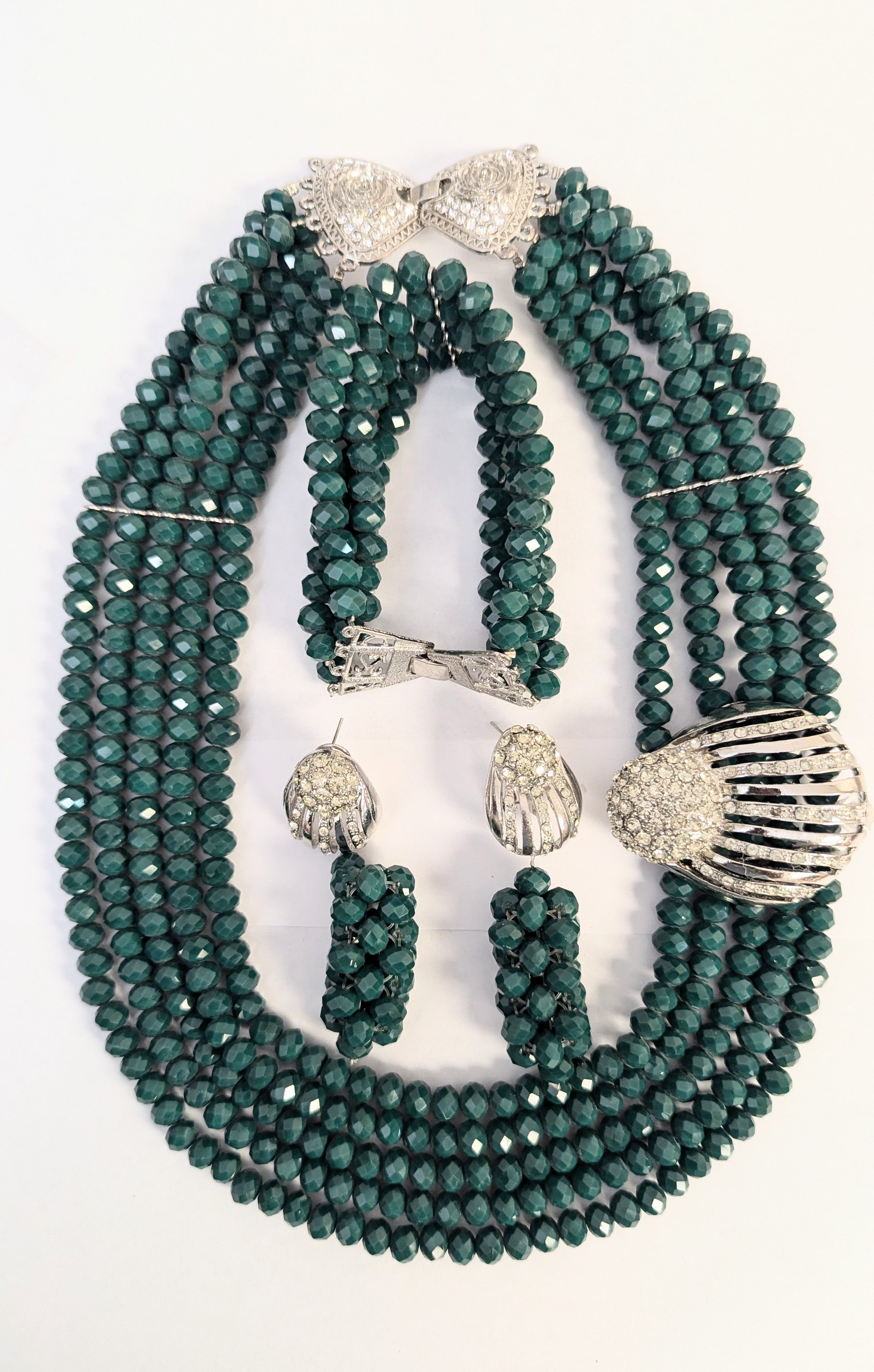 Exquisite Fatimahi Emerald Green & Silver 4-Piece Jewelry Set by Dupsie | Elegant Necklace, Earrings, Bracelet & Ring Set | Perfect for Weddings, Parties & Special Occasions (DPABSRGS2)
