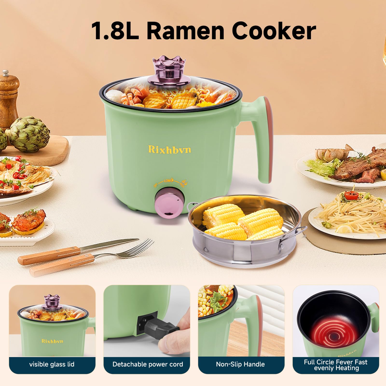 Electric Hot Pot with Steamer - 1.8L Non-Stick Multi-Cooker for Ramen, Soup, Noodles, Steak & Oatmeal | Adjustable Temperature Control & Rotary Switch | Perfect for Dorm, Office, Camping & Small Kitchens (Green)