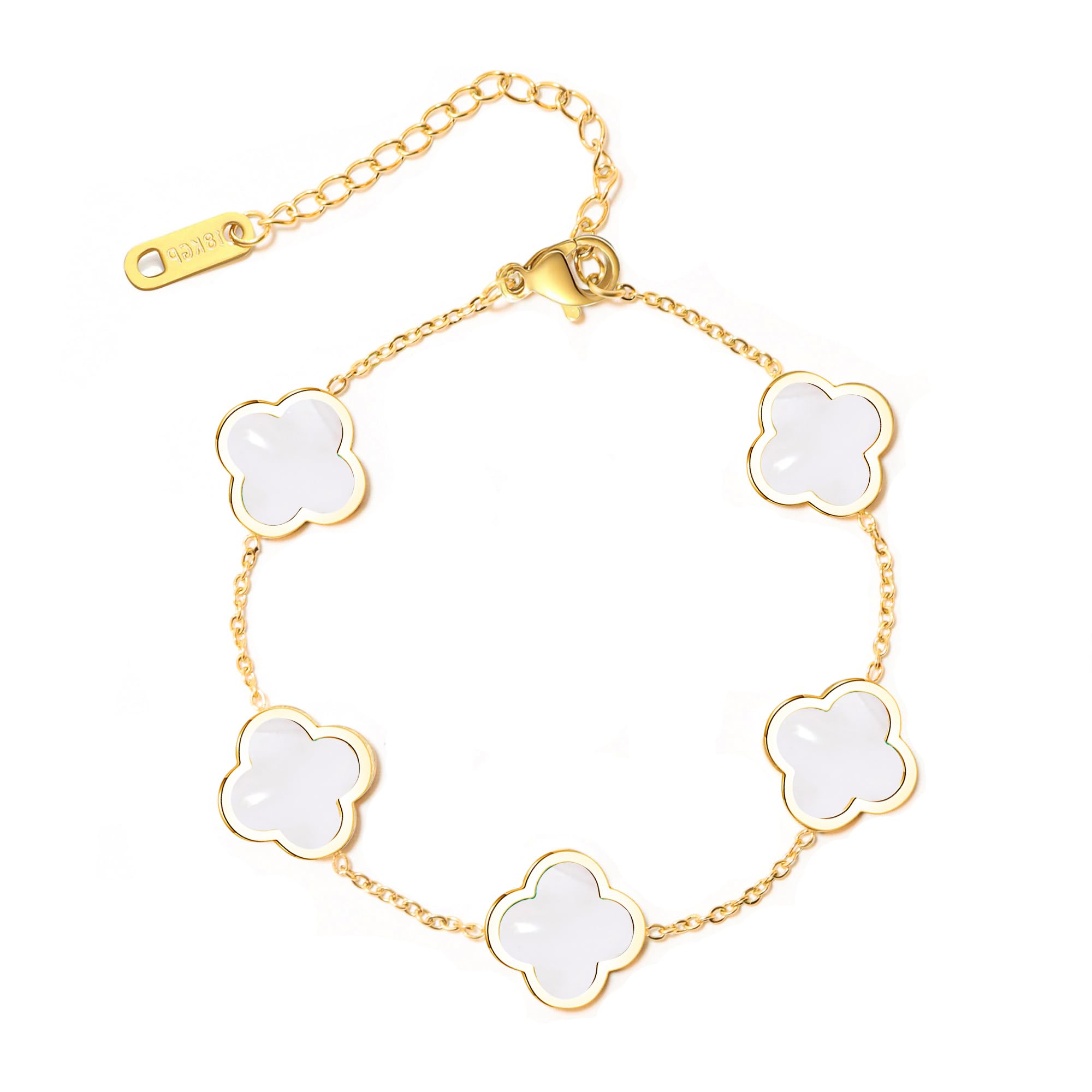 Stylish 18K Gold Plated Four Leaf Clover Adjustable Link Bracelet for Women - Lucky Charm Jewelry Gift for Mother's Day, Birthday & Everyday Wear