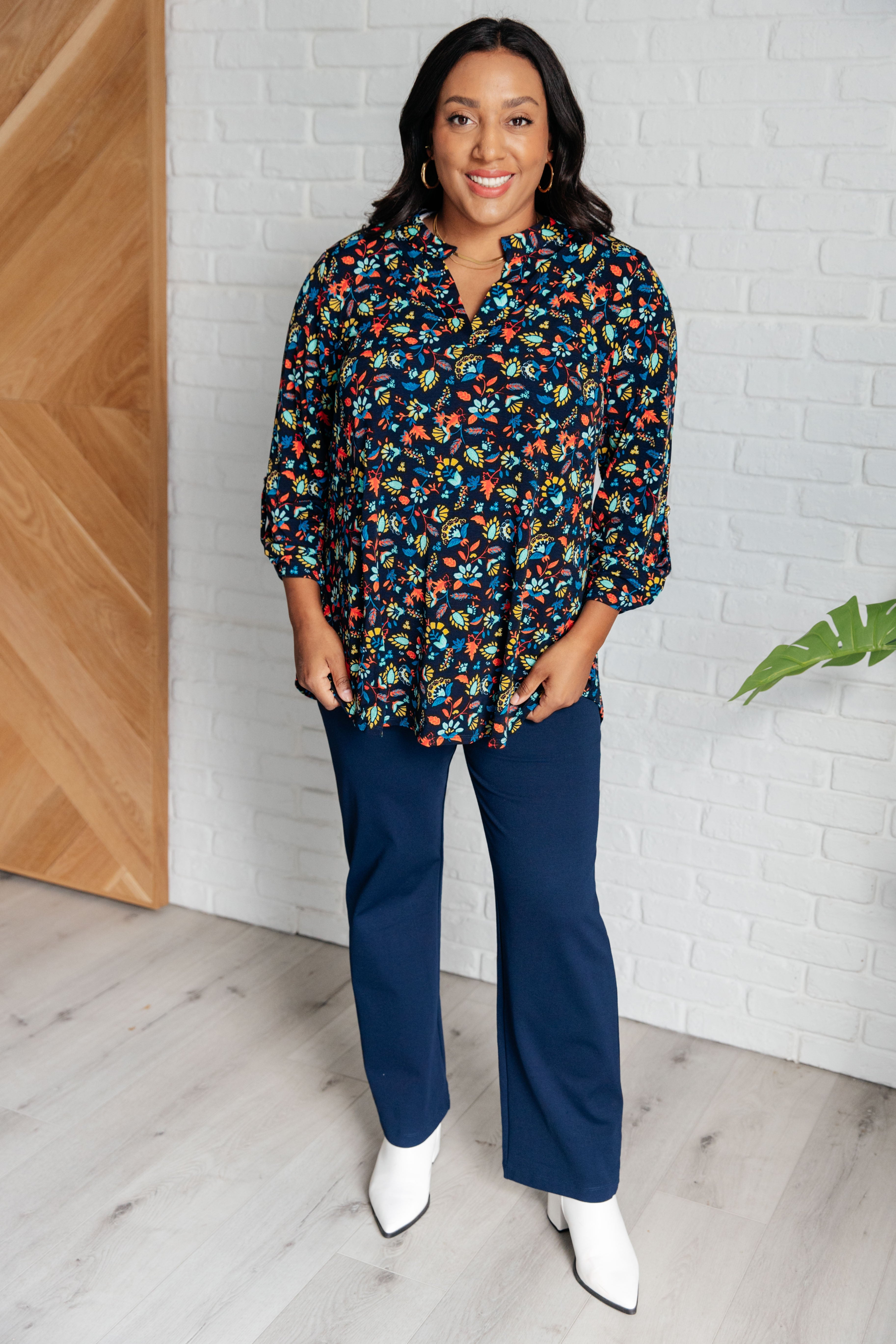 Lizzy Women's Floral Print Top in Navy & Teal - Casual Short Sleeve Blouse for Summer Outfits, Date Night & Office Wear