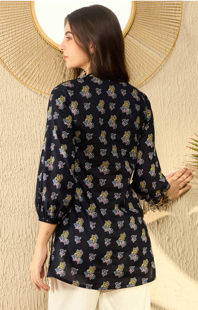 Navy Blue Cotton Blend Tunic Top for Women - Soft Casual Long Shirt with Side Slits - Perfect for Work, Weekend Outfits & Layering