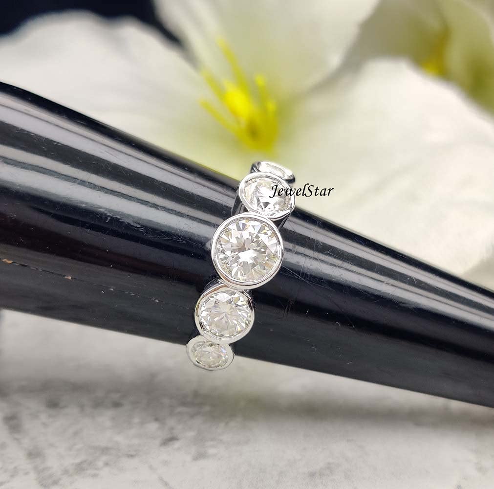 2.30 CT Round Colorless Moissanite Engagement Ring in 14K White Gold - Bezel Set Five Stone Wedding Band for Brides & Anniversaries | Perfect for Proposals, Vow Renewals & Special Occasions