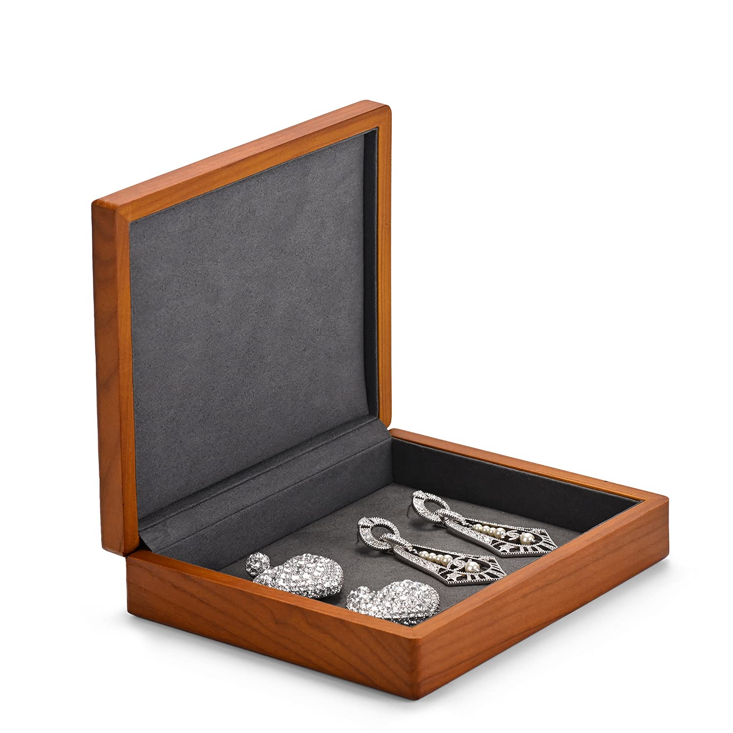 Solid Wood Jewelry Box Organizer with Lid - Ring Earrings Drawer Tray for Women, Grey Flat Storage Box | Perfect for Travel, Home Vanity & Gift Giving