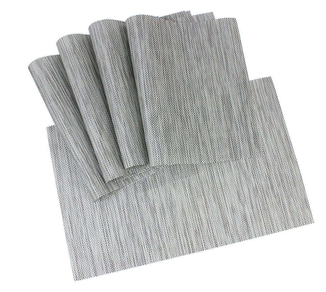 Heat-Resistant & Stain-Resistant PVC Placemats Set of 5 - Washable Vinyl Table Mats for Dining & Kitchen - Silver Woven Design (Perfect for Everyday Meals, Dinner Parties & Holiday Gatherings)