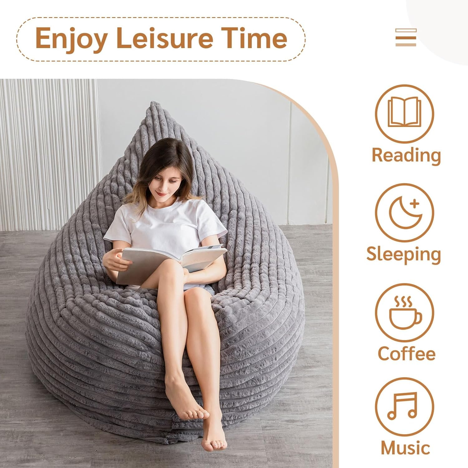 MAXYOYO 3-in-1 Convertible Bean Bag Chair - Soft Striped Faux Fur Large Floor Pillow for Kids & Adults - Dark Grey - Perfect for Living Room, Bedroom & Game Room Relaxation