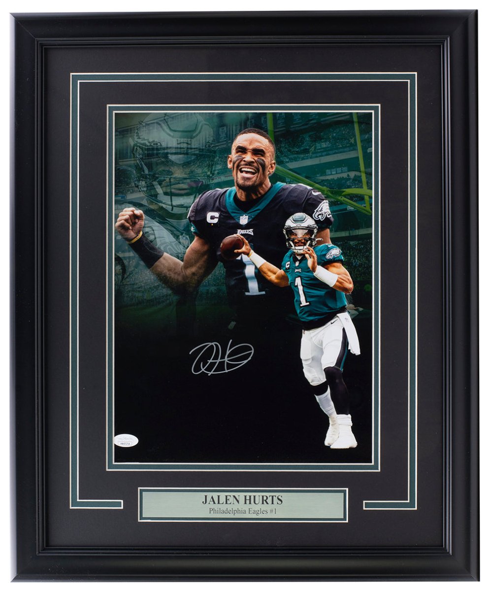 Jalen Hurts Autographed Philadelphia Eagles 11x14 Framed Football Collage Photo with JSA Certificate - Perfect for Eagles Fans, Sports Memorabilia Collectors, and Man Cave Decor