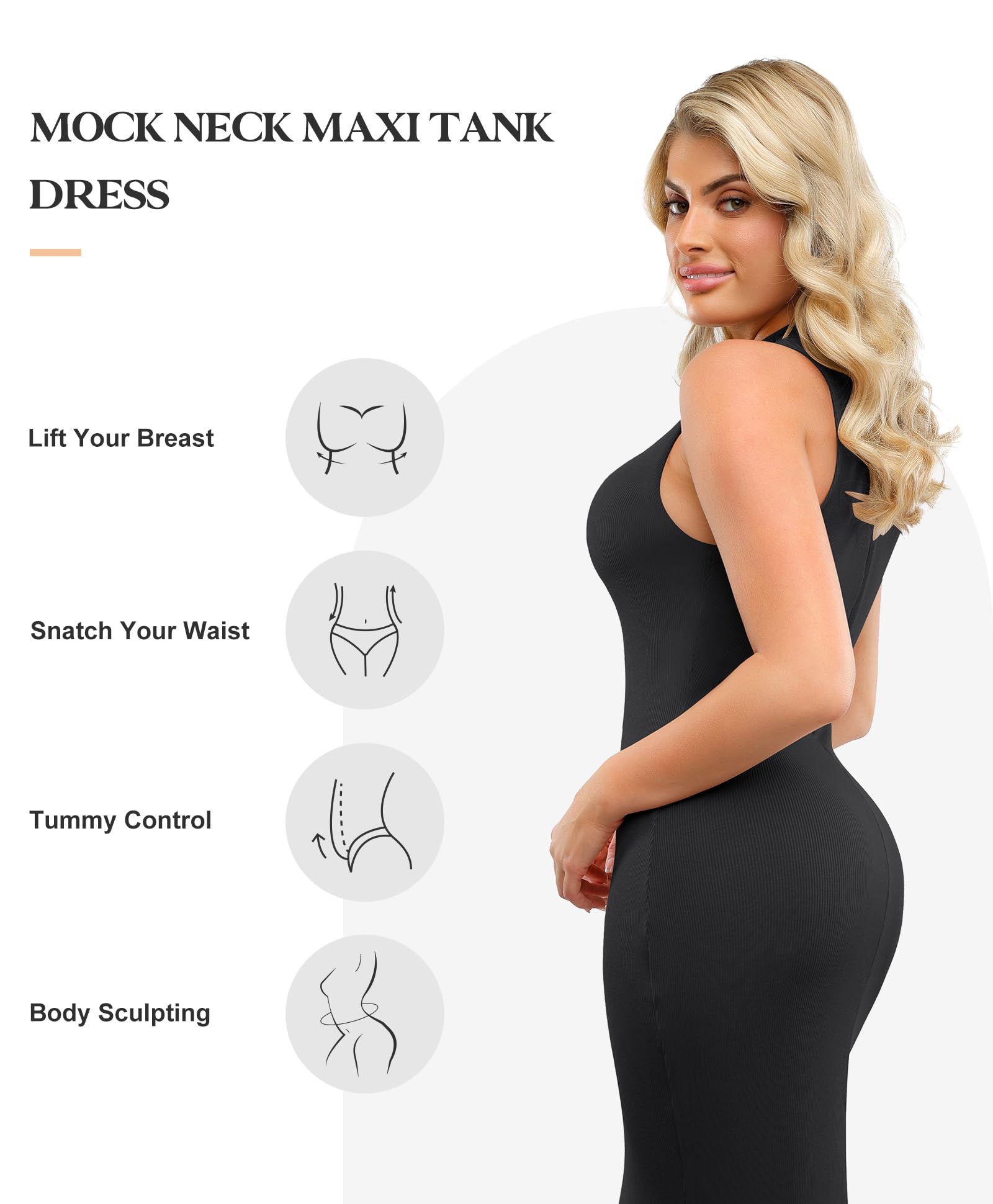 Popilush Shapewear Dress with Built-in Bra - Slimming Maxi Bodycon Dress, Mock Neck Sleeveless Summer Dress for Women | Perfect for Weddings, Parties & Date Nights