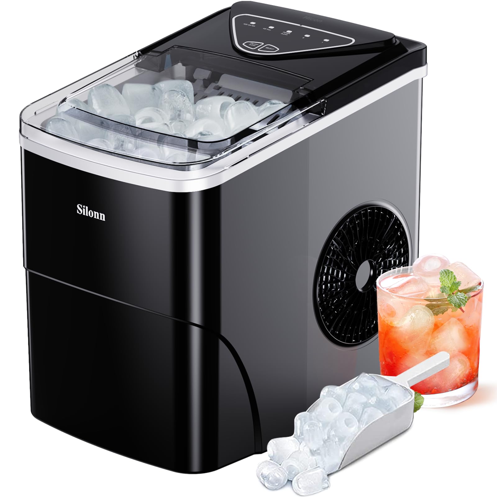 Silonn Countertop Ice Maker - Portable Ice Machine with Auto-Cleaning, 26lbs/24Hrs, 9 Ice Cubes in 6 Mins, 2 Sizes Bullet Ice, Includes Ice Scoop & Basket - Perfect for Home, Office, Parties & Outdoor Events