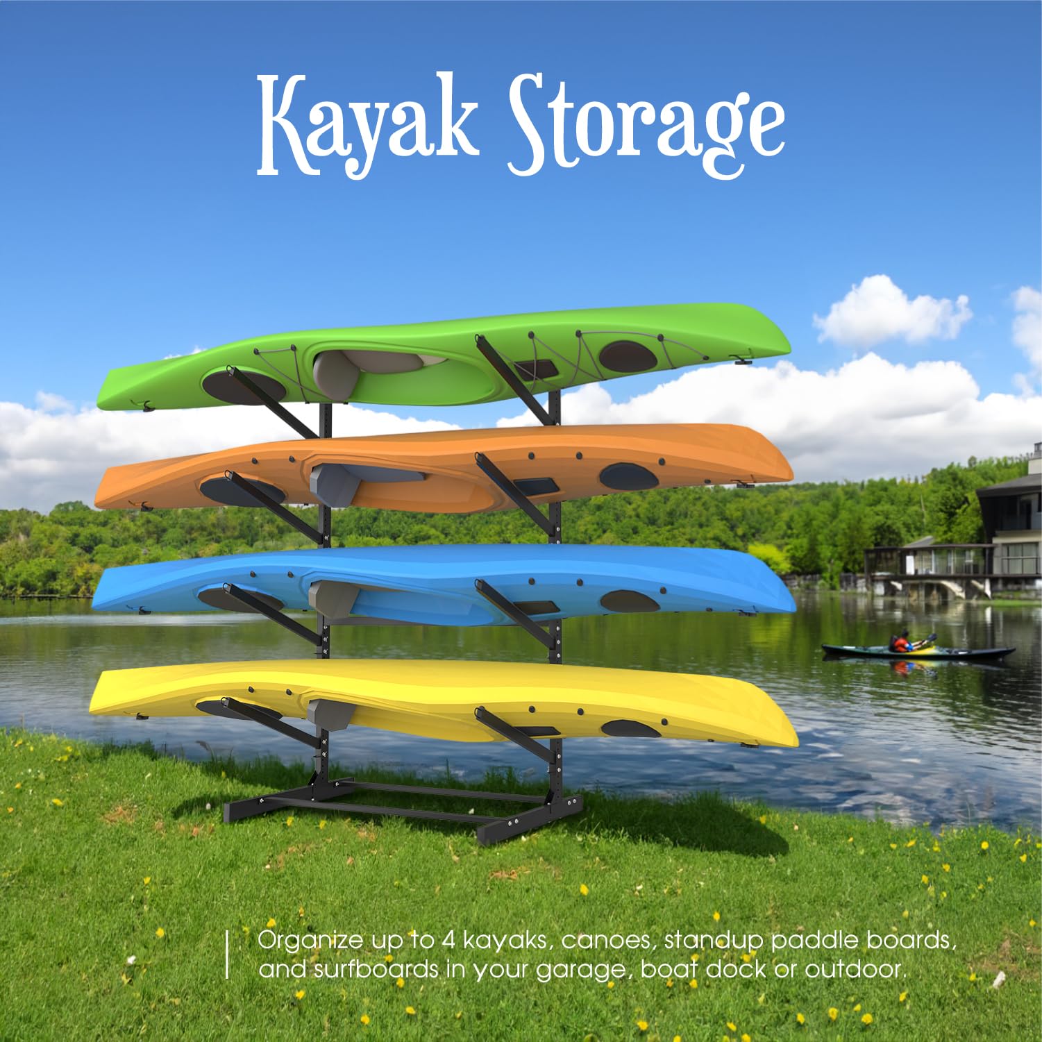 Adjustable Kayak Storage Rack - Heavy Duty Freestanding SUP Stand, Weatherproof Canoe & Paddleboard Holder for Indoor & Outdoor Use - Perfect for Garage, Shed, Dock, Beach House Storage - Organize Surfboards, Kayaks, Paddleboards with Ease