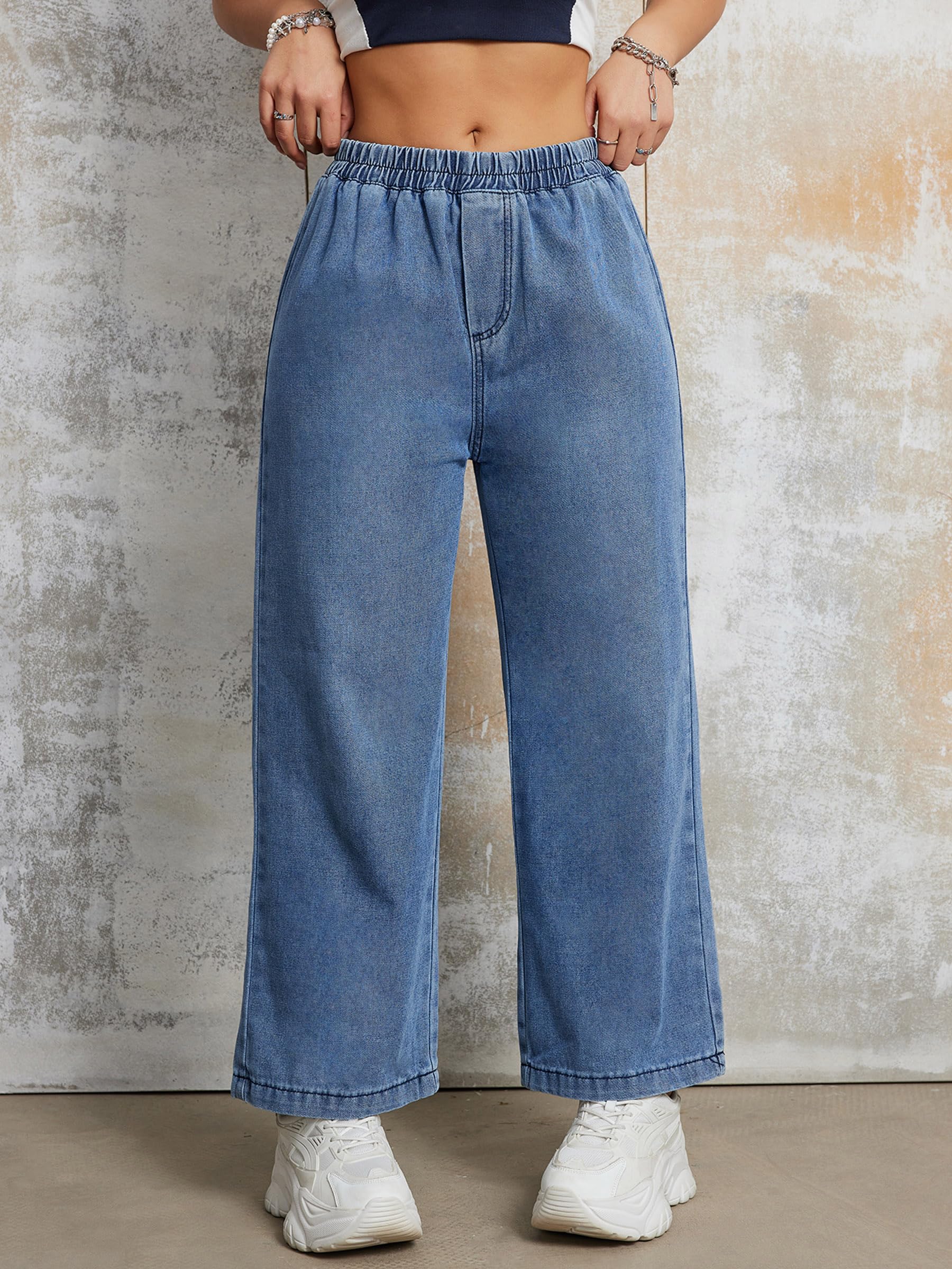 Women's High Waisted Wide Leg Jeans - 90s Retro Stretch Pull-On Denim Pants | Trendy Light Blue Cropped Jeans for Women 2024 | Perfect for Casual Outfits, Streetwear & Vintage Looks