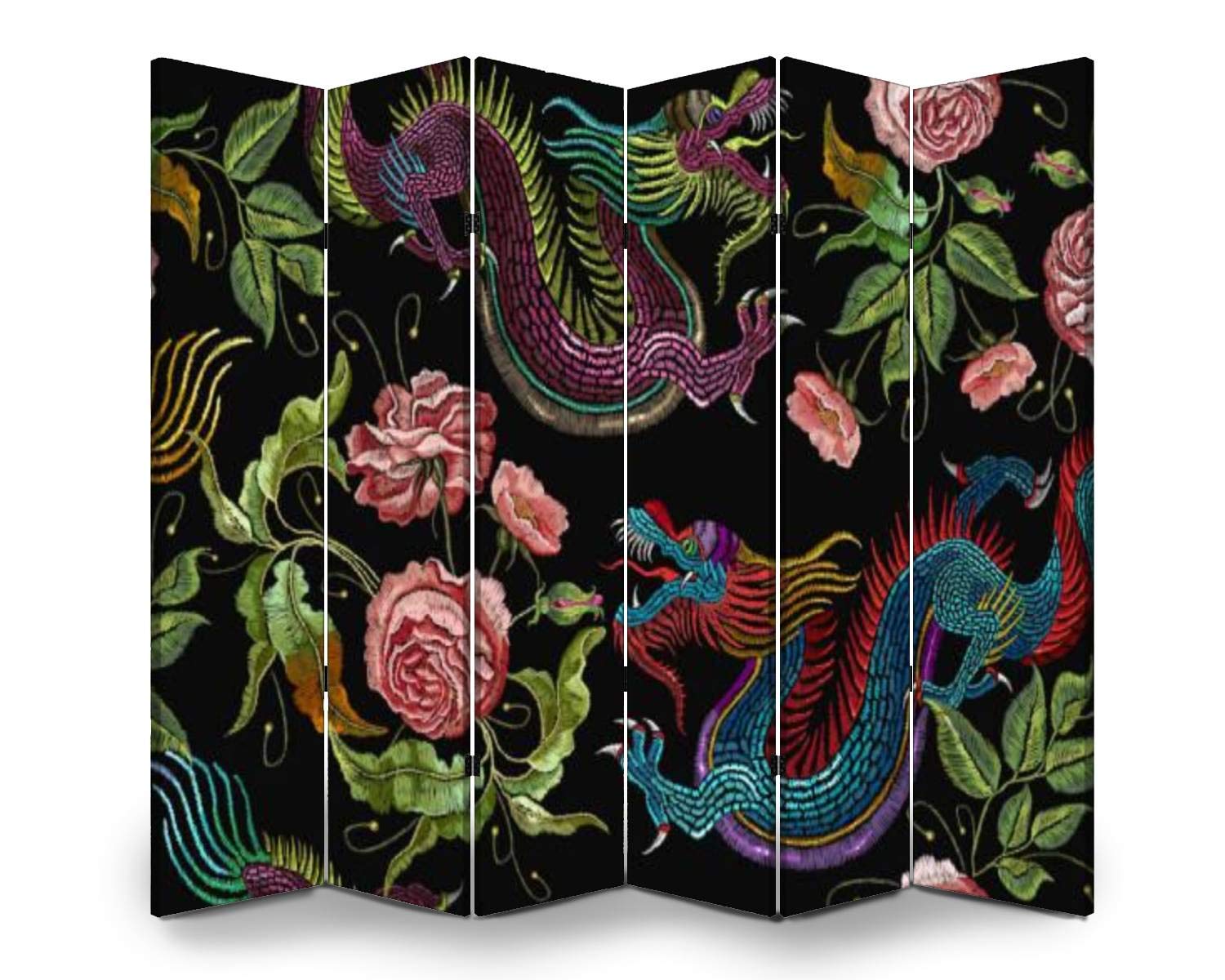 6-Panel Wooden Folding Screen Room Divider with Chinese Dragon & Peony Embroidery - Dual-Sided Canvas Privacy Partition for Home Decor, Office, and Event Spaces | Indoor Display Shelves & Wall Divider