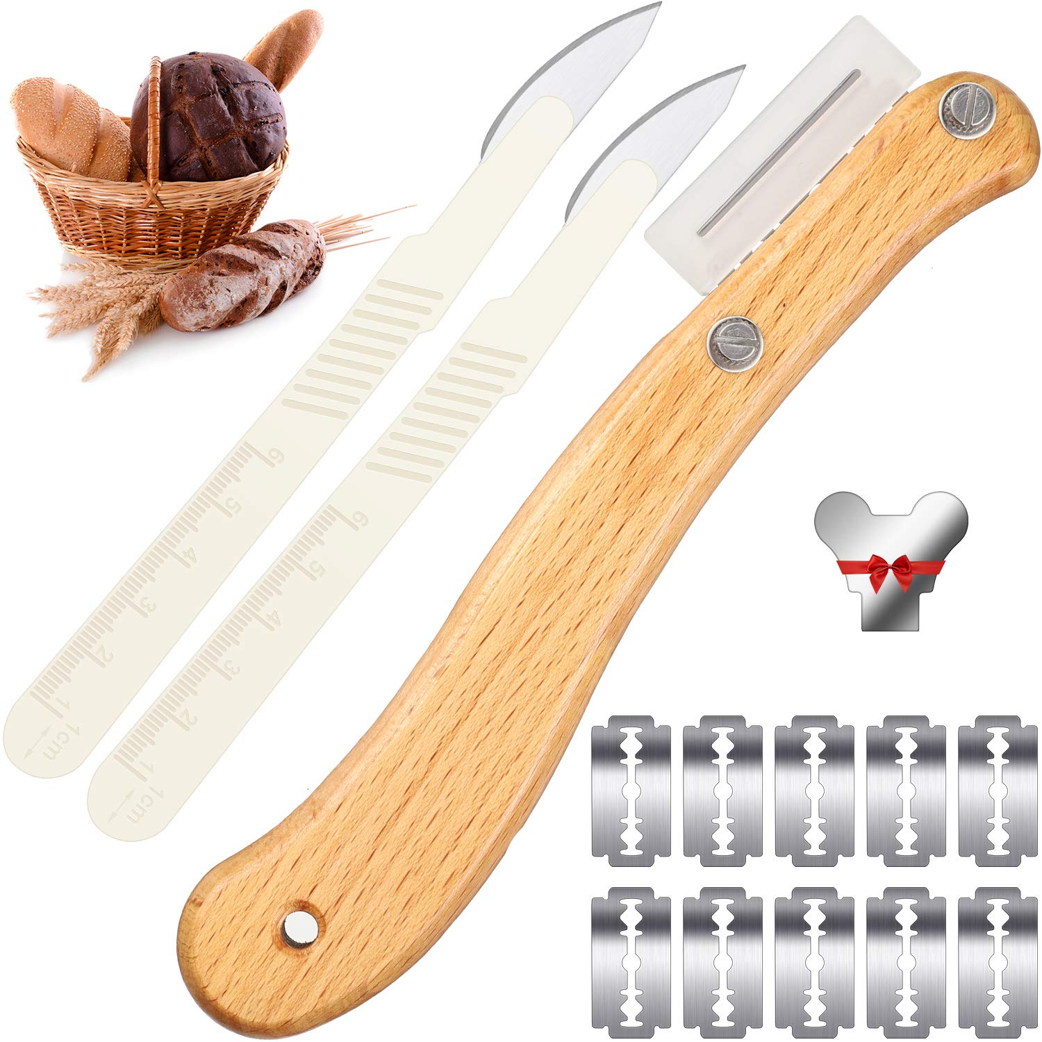 Premium Bread Lame Scoring Tool Kit - Wooden Handle Dough Slasher with 10 Replaceable Blades & 2 Protective Covers - Perfect for Sourdough, Baguettes, Artisan Bread Baking at Home or Bakery