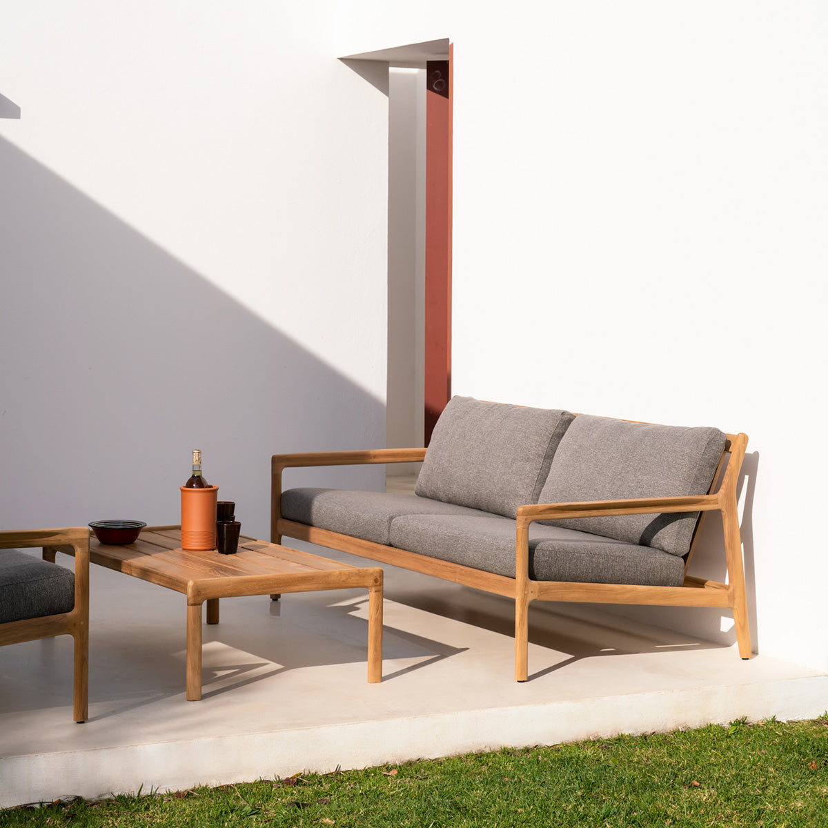 Outdoor 3-Seater Sofa with Teak Frame & Mocha Fabric - Waterproof & Durable Patio Furniture for Garden, Poolside, or Backyard Relaxation