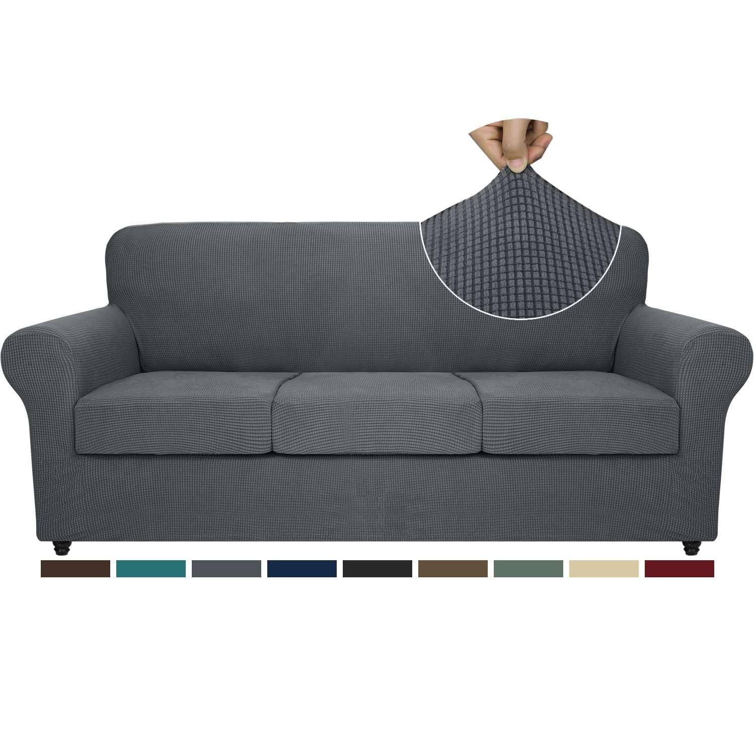 ZNSAYOTX 4-Piece Stretchable Jacquard Sofa Slipcovers - Dark Grey Couch Covers for 3-Cushion Couches, Machine Washable Furniture Protector for Living Room, Home Decor & Pet Protection