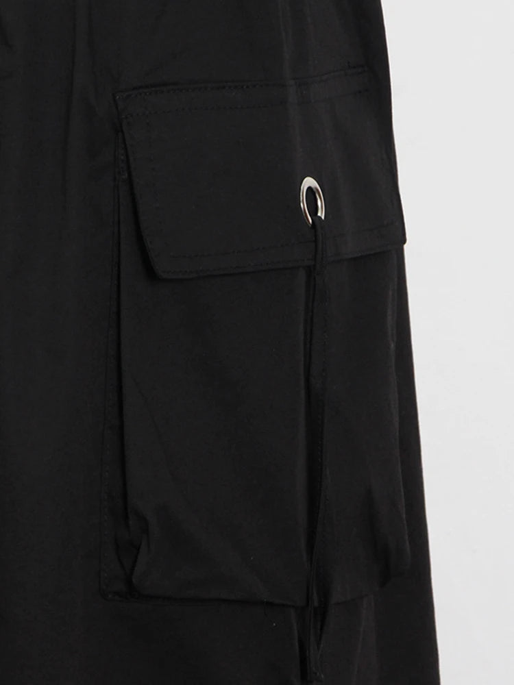 Women's Black Patchwork Pocket Skirt - High Waist Drawstring Midi Skirt for Casual Outfits | Spring Fashion Clothing | Perfect for Office Wear, Date Nights & Weekend Outings