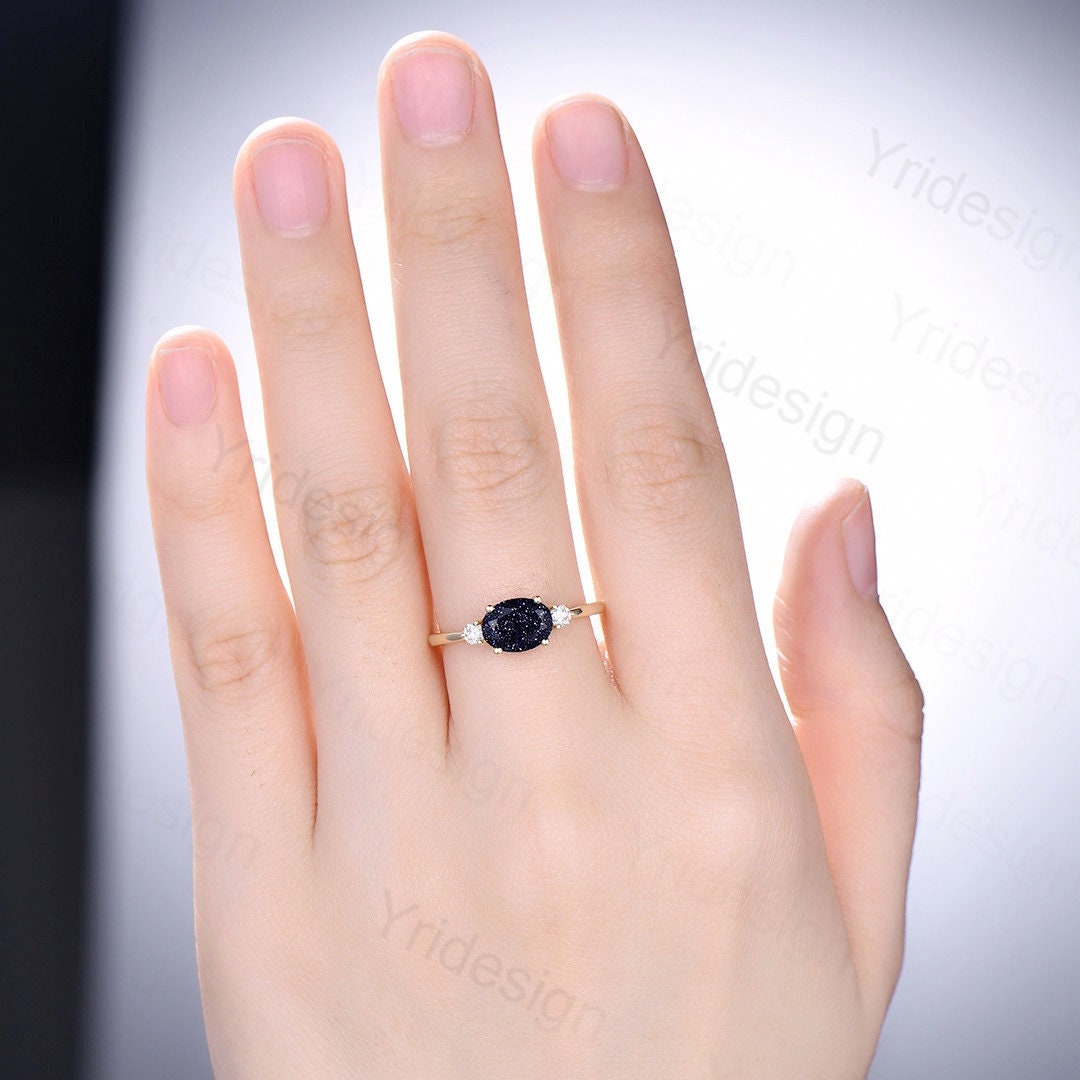 Blue Sandstone Ring for Women - Oval Galaxy Engagement Ring with Three Stones in Rose Gold | Bridal Promise Ring, Cute Starry Design for Weddings & Anniversaries