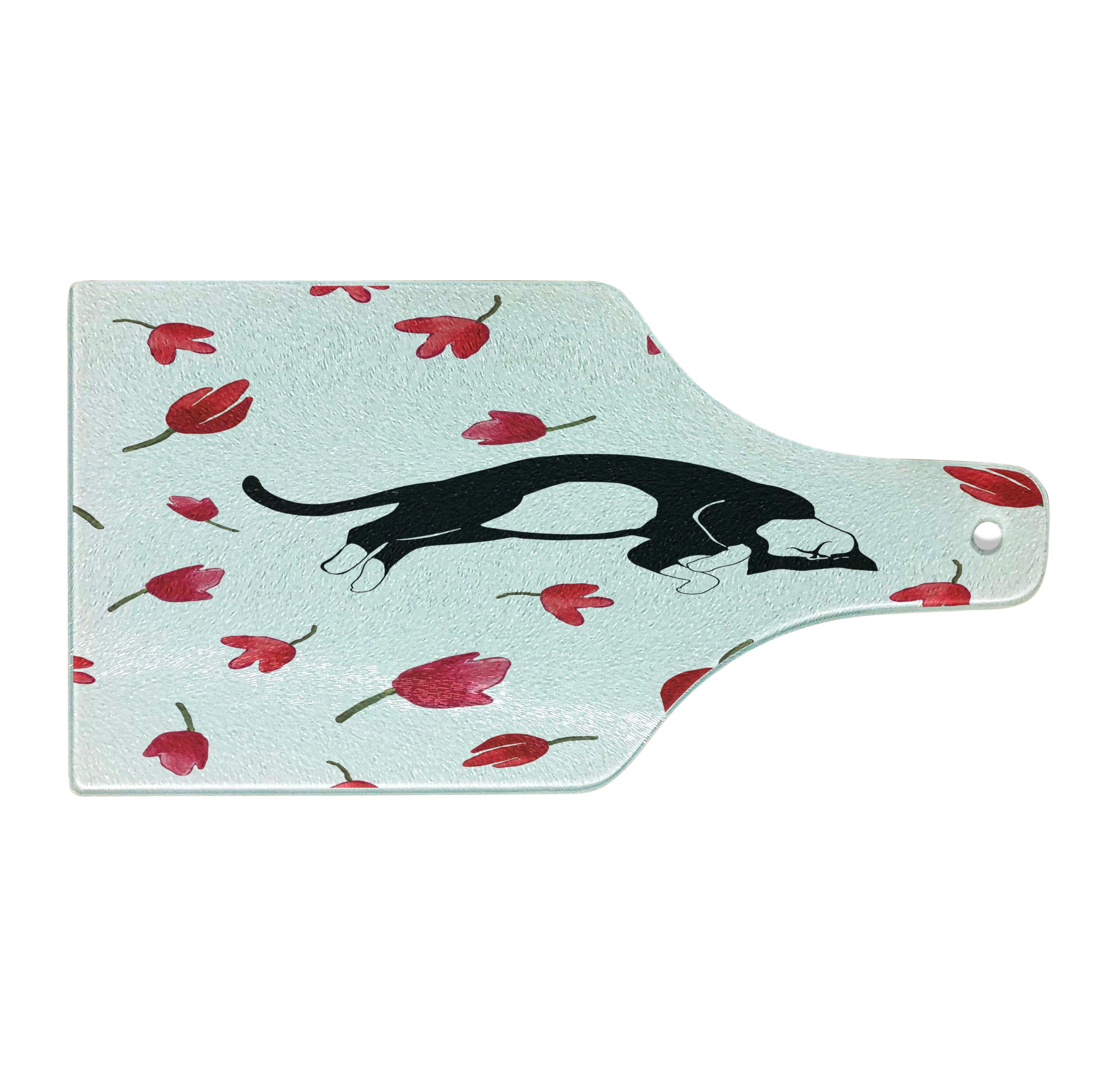 Ambesonne Modern Cat-Themed Cutting Board - Cute Kitty Sleeping with Tulips Print, Durable Tempered Glass Serving Board for Kitchen & Dining - Wine Bottle Shape in Black, White & Pink - Perfect for Cheese Platters, Charcuterie & Wine Pairing