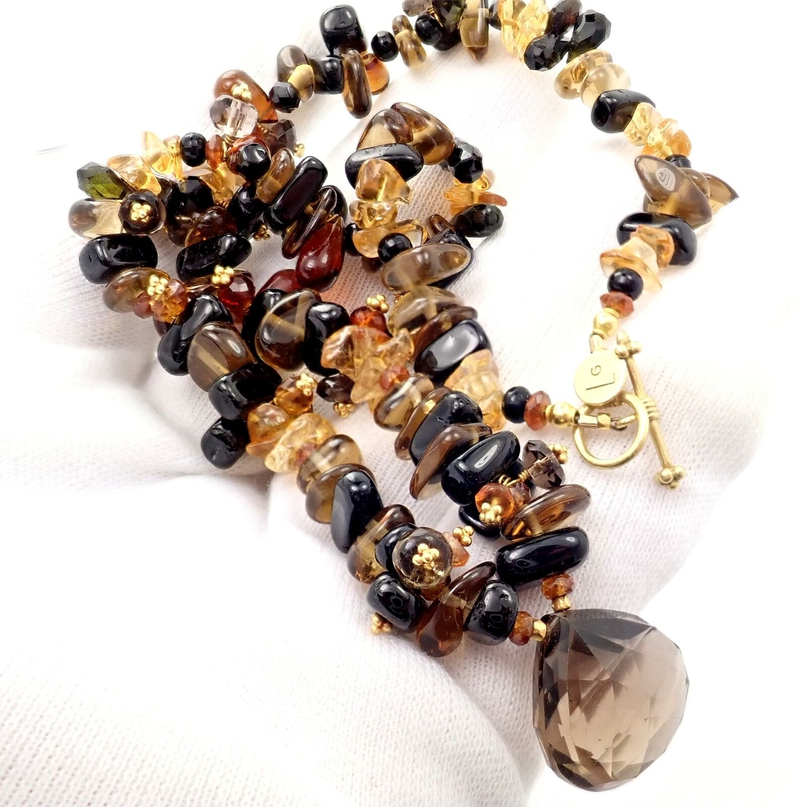 18K Yellow Gold Briolette Smokey Topaz Onyx Bead Necklace for Women - Elegant Statement Jewelry for Evening Parties & Special Occasions