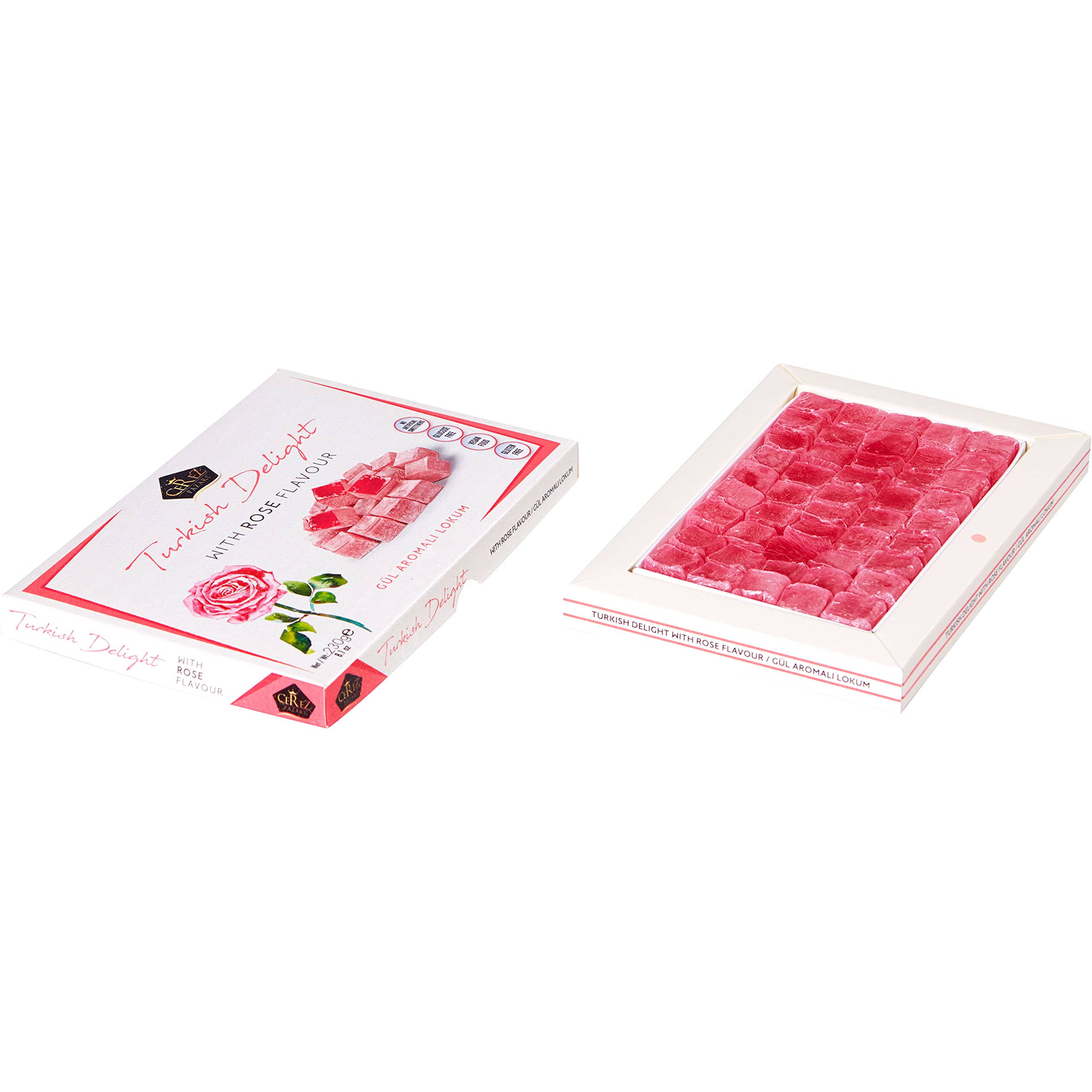 Premium Turkish Delight with Rose Flavor - 230g Gourmet Vegan Candy Gift Box | Traditional Soft Dessert (40 Pieces) | Nut-Free Snacks for Parties, Gifting & Special Occasions