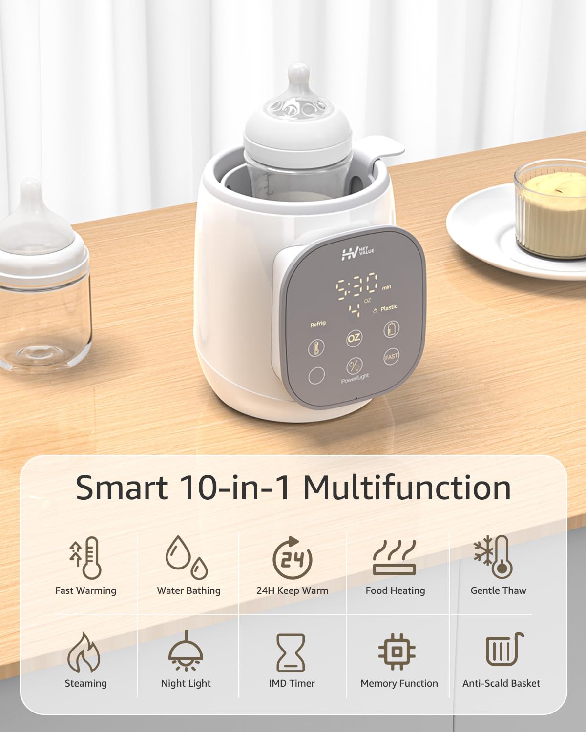 HEYVALUE 12-in-1 Fast Baby Bottle Warmer with Temperature Control - Electric Water Bath Warmer for Breast Milk, Formula & All Bottles - Auto Shut Off, 24H Keep Warm, Sterilize & Memory Function - Perfect for Night Feeding, Travel & Daycare Use
