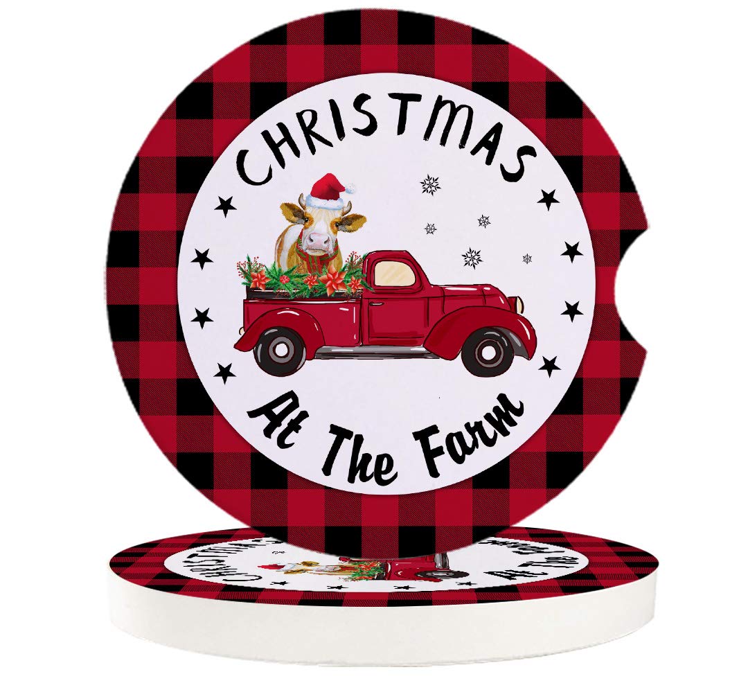 4-Pack Absorbent Car Coasters for Cup Holders - Funny Red Farm Truck Design Ceramic Stone Drink Coasters (2.56 Inch) - Perfect Car Accessories for Men & Women - Great for Road Trips, Commuting & Christmas Gifts