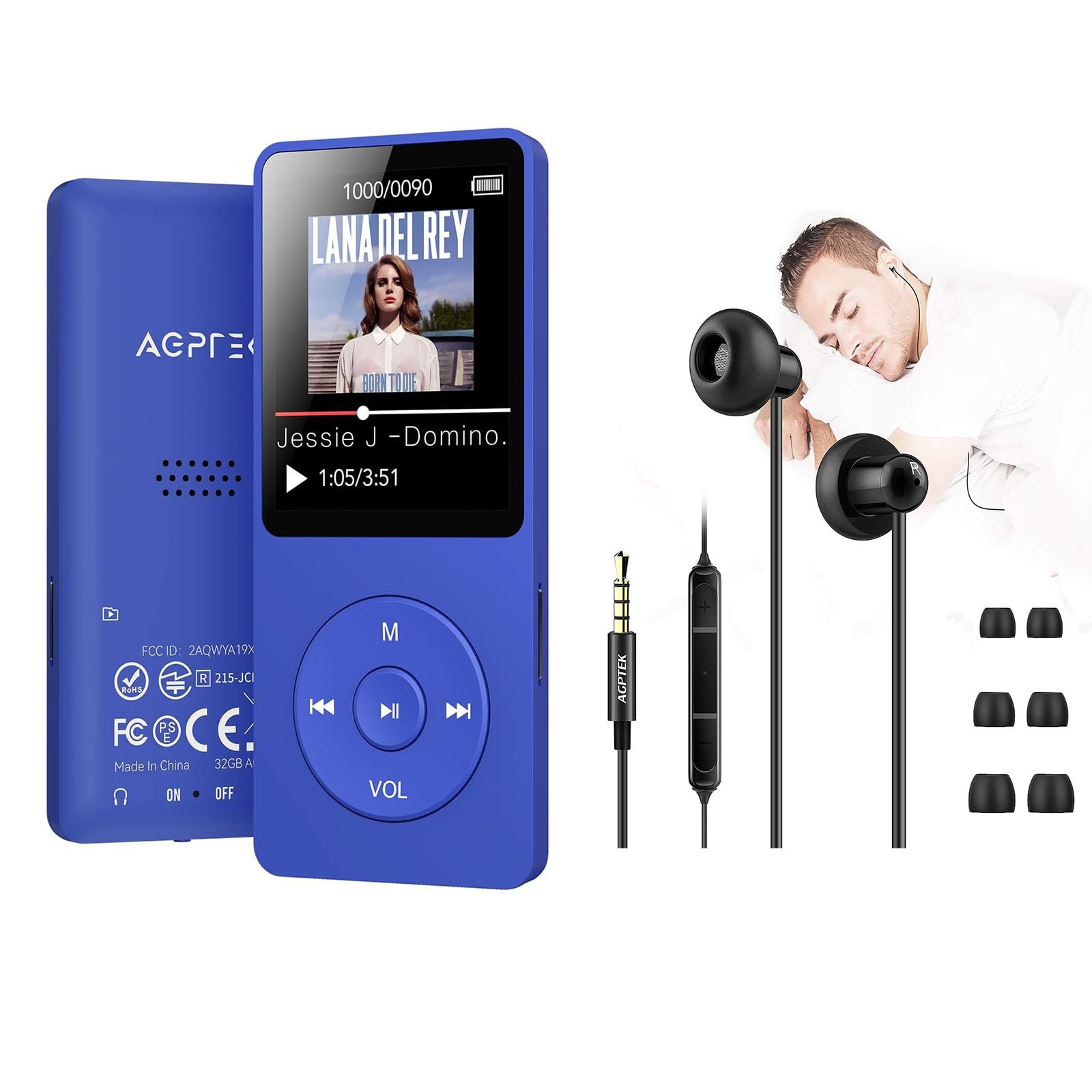 AGPTEK A02 MP3 Player with Noise Cancelling Earbuds - Portable Music Player for Running, Workout, Travel & Sleep | 8GB Storage, FM Radio, Voice Recorder