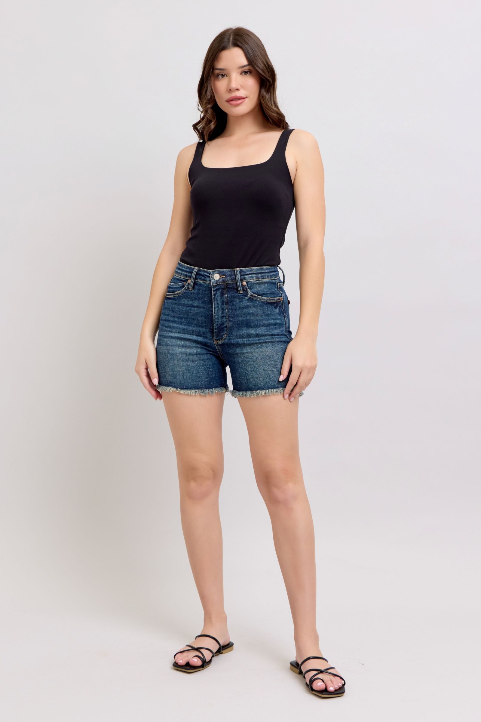 Judy Blue High Waisted Tummy Control Denim Shorts with Frayed Hem & Back Pockets | Women's Stretchy Comfort Jeans for Summer, Beach, and Casual Outfits