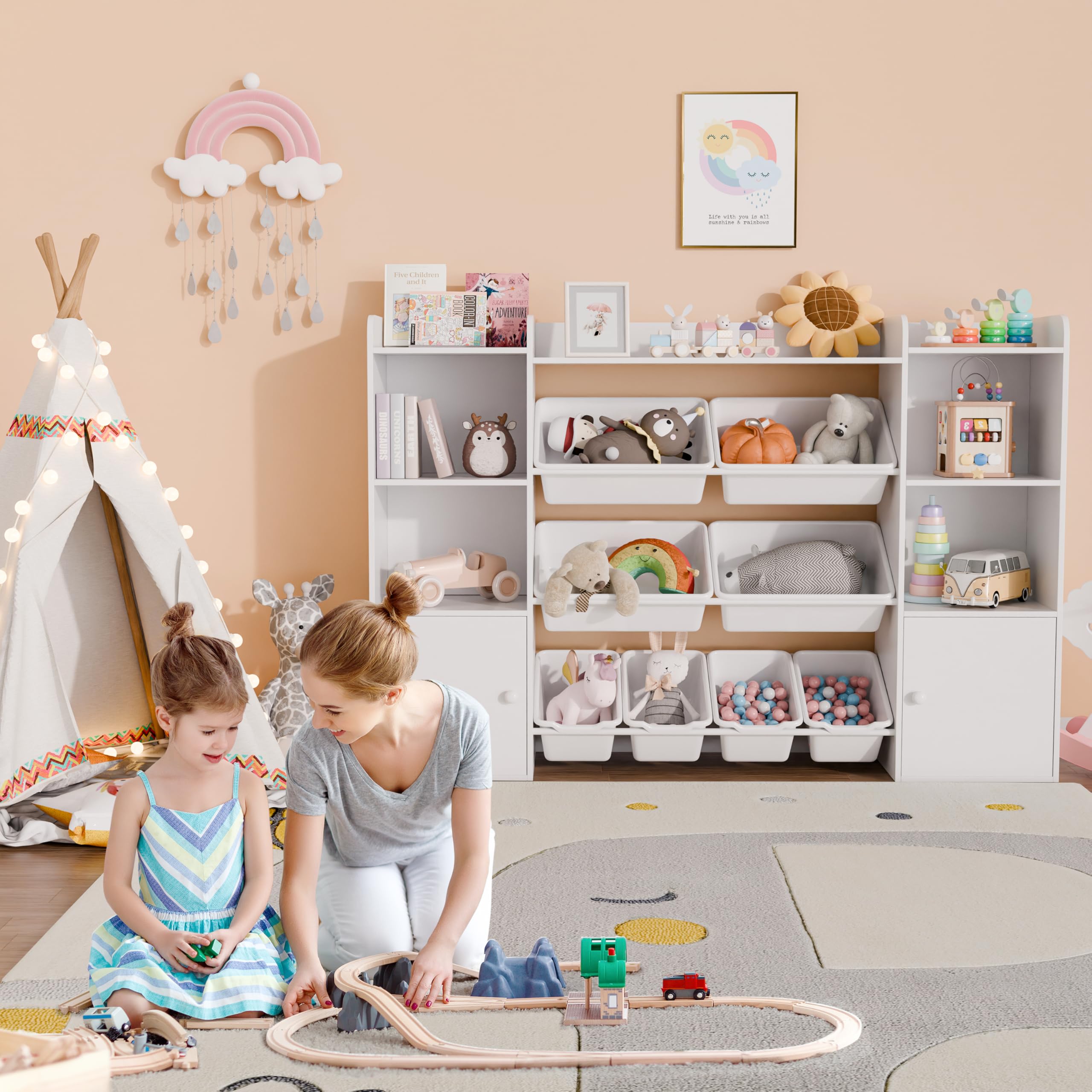 Xilingol Kids Toy Storage Organizer with 8 Removable Bins & 6 Storage Cubbies - 4-Tier Bookshelf for Playroom, Bedroom, Classroom - Perfect for Organizing Toys, Books, and Supplies