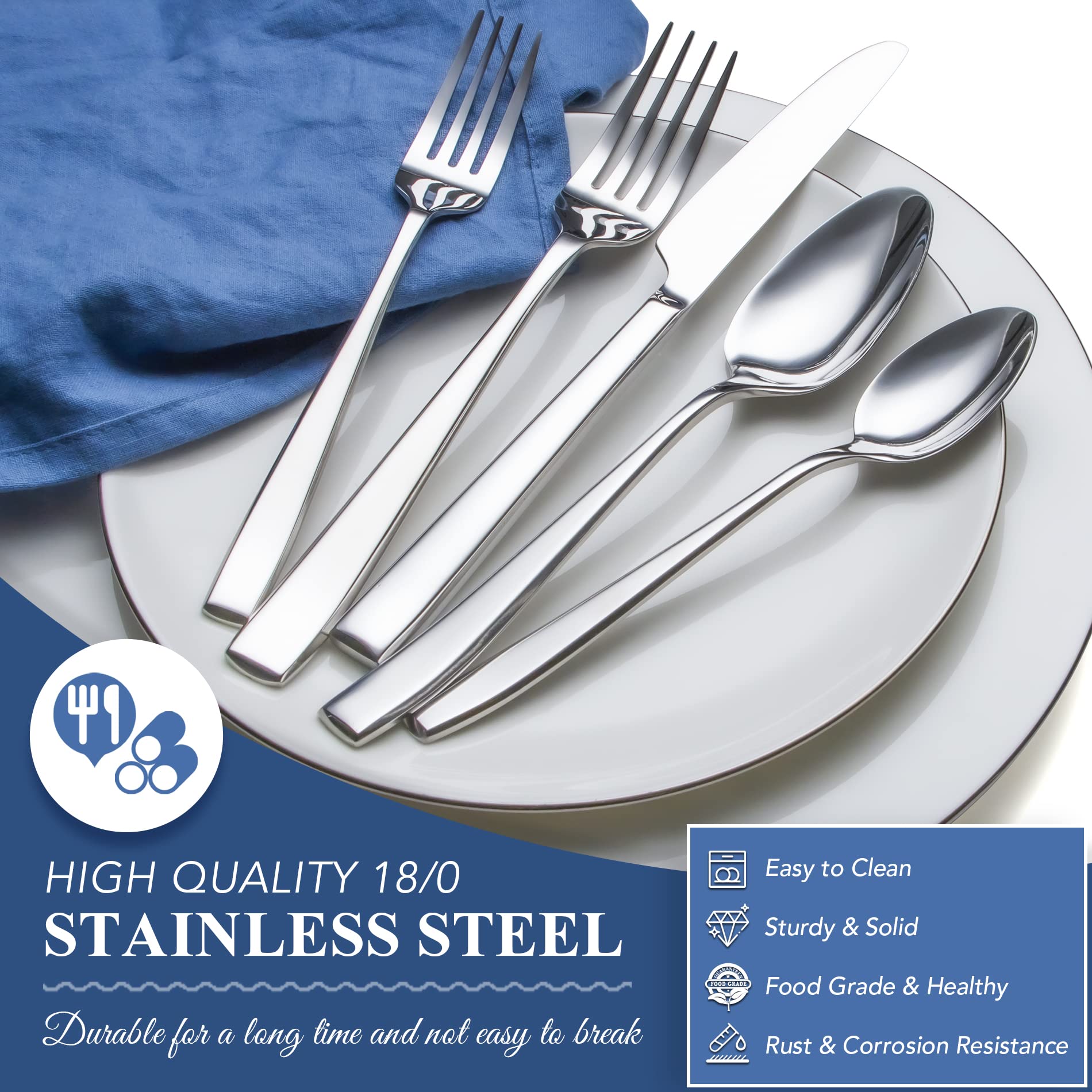 Premium 40-Piece Stainless Steel Silverware Set Service for 8 - EIUBUIE Mirror Polished Flatware Set with Heavy Duty Spoons, Forks & Knives | Durable Modern Cutlery for Dining, Entertaining & Everyday Kitchen Use