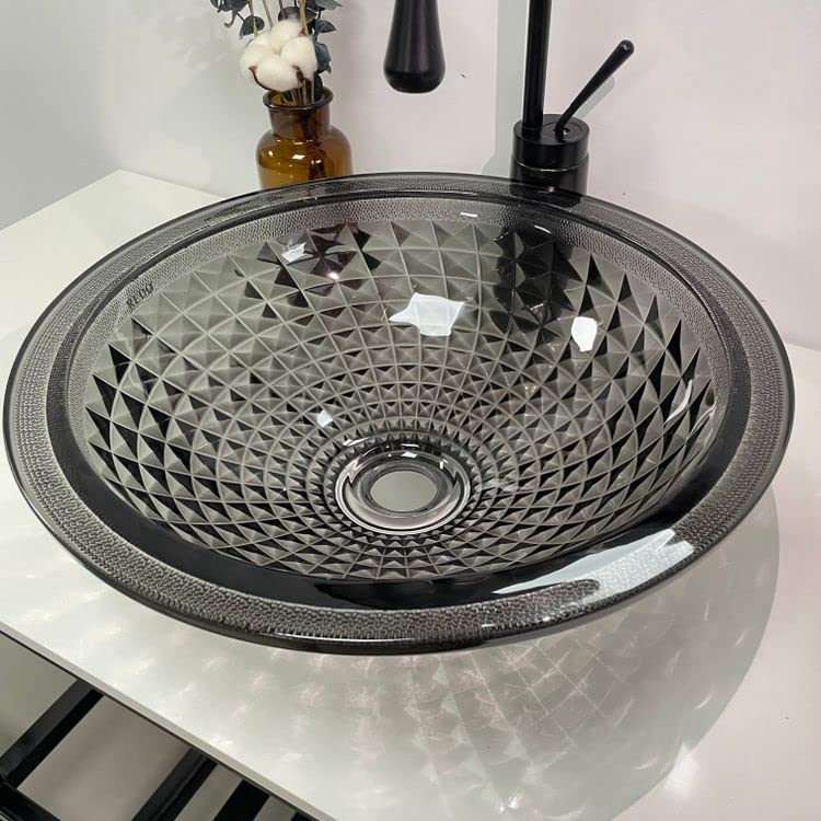 Premium InArt Modular Vanity Crystal Glass Wash Basin - 16x16 Inch Glossy Black Vessel Sink for Bathroom Countertop | Modern Tabletop Basin for Master Bath, Powder Room & Luxury Washroom Decor