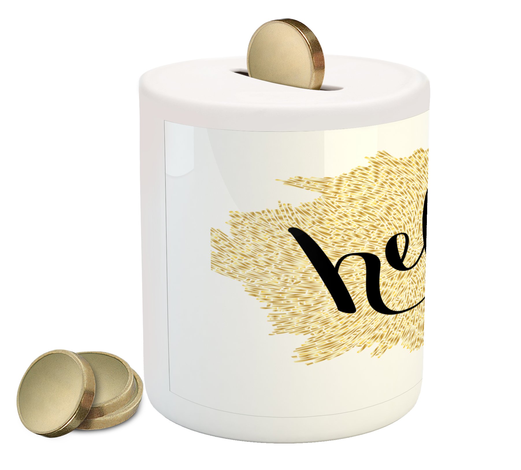 Ambesonne Hello Piggy Bank - Modern Mosaic Design Ceramic Coin Bank for Saving Money | Black, White & Yellow | Perfect for Kids' Savings, Home Decor & Gift Ideas